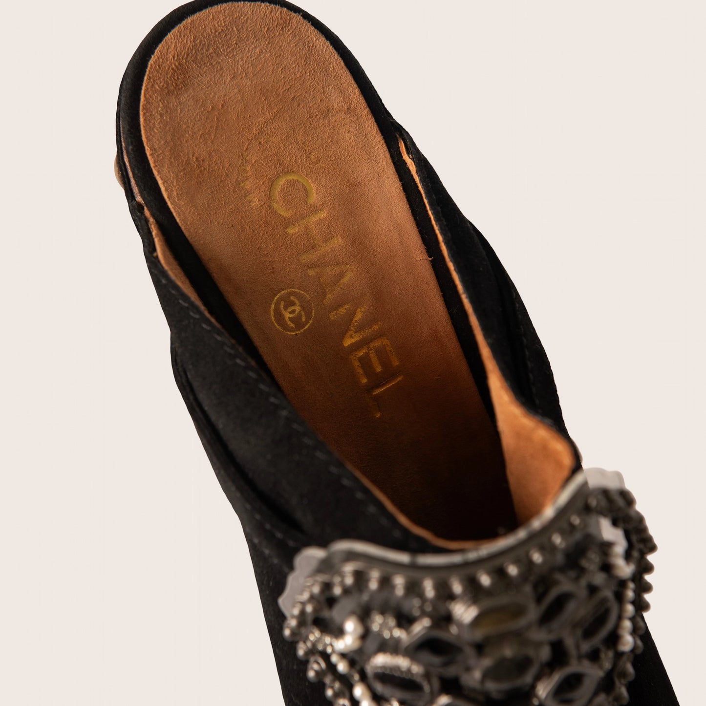 Chanel Black Suede Embellished Wooden Clogs
