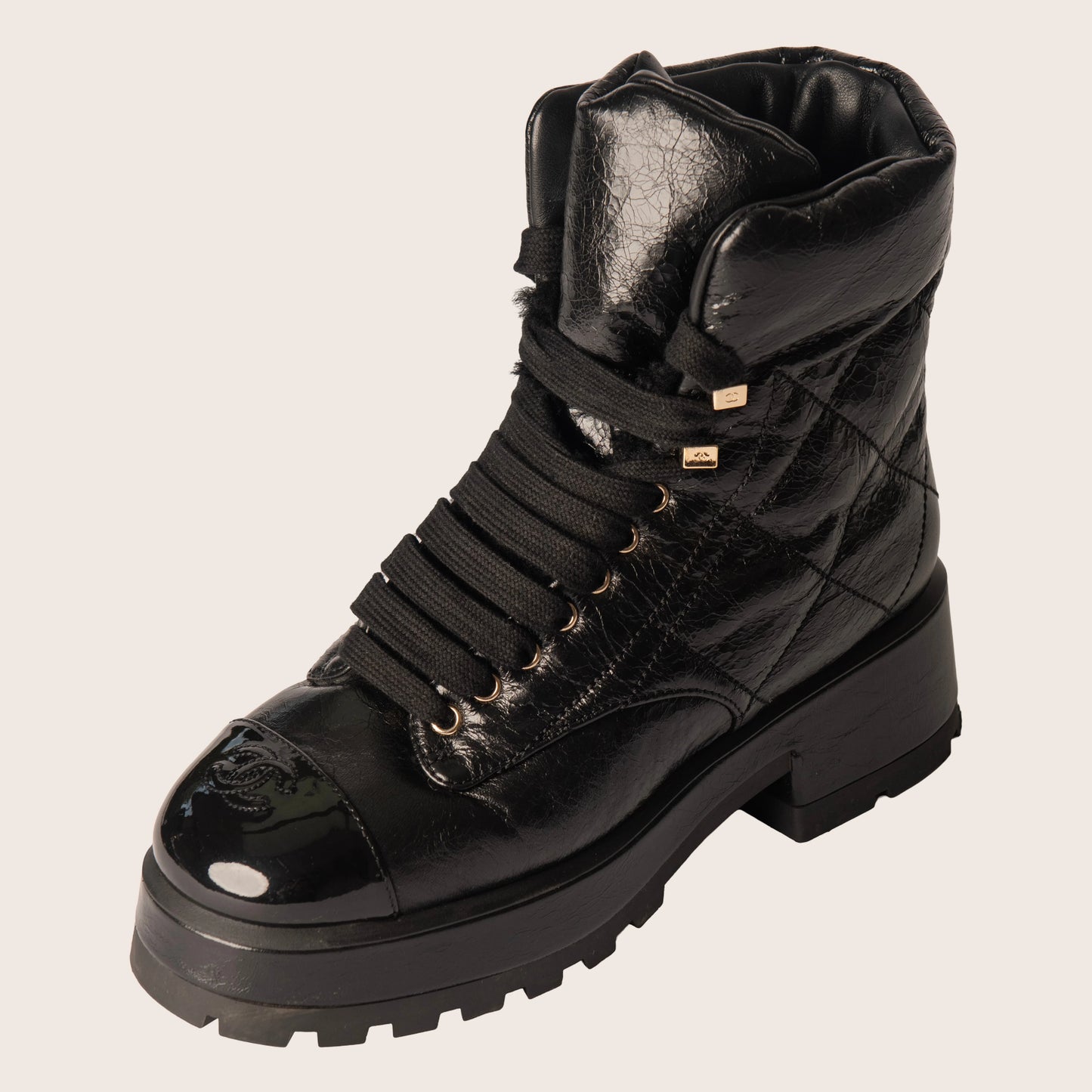 Chanel Crumpled Patent Lambskin Calfskin Quilted Lace Up Combat Boots