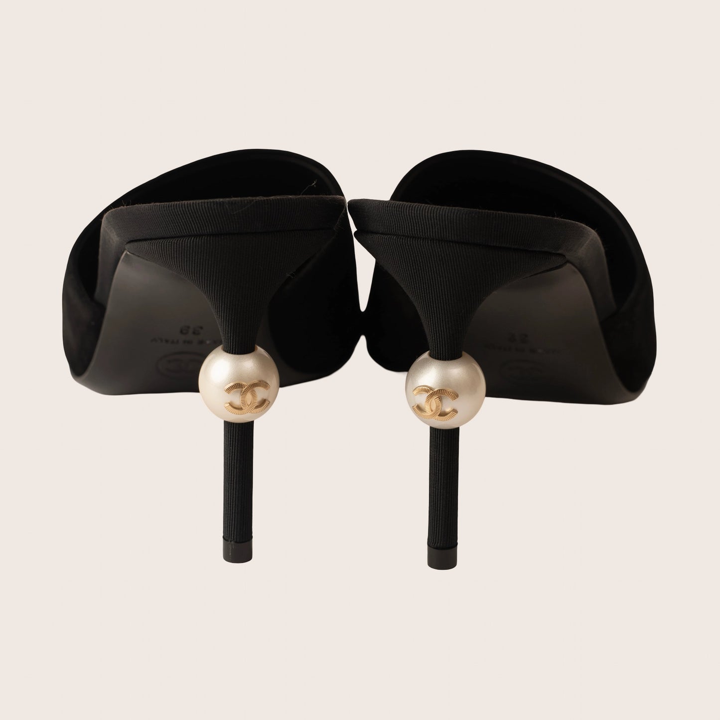 Chanel Black Suede Mules with Pearl-Embellished Heels