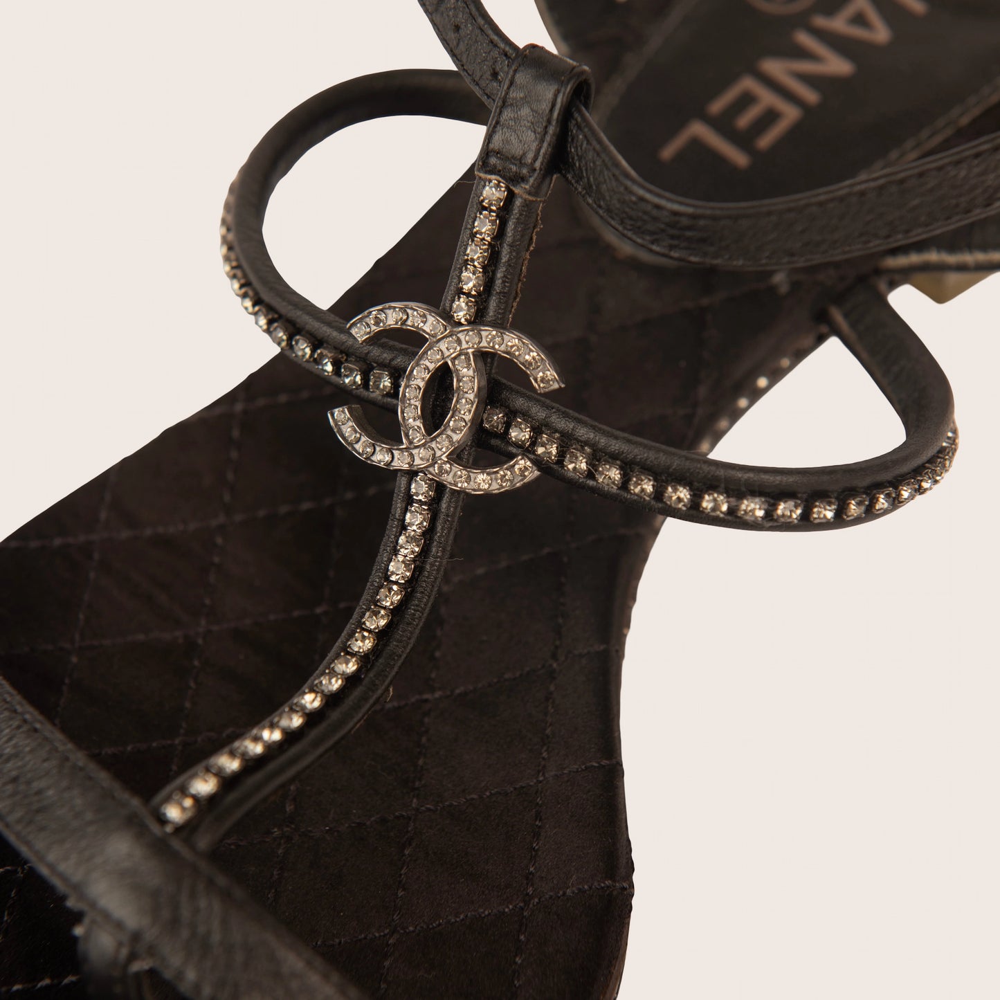 Chanel Black Leather Sandals with Crystal-Embellished CC Logo
