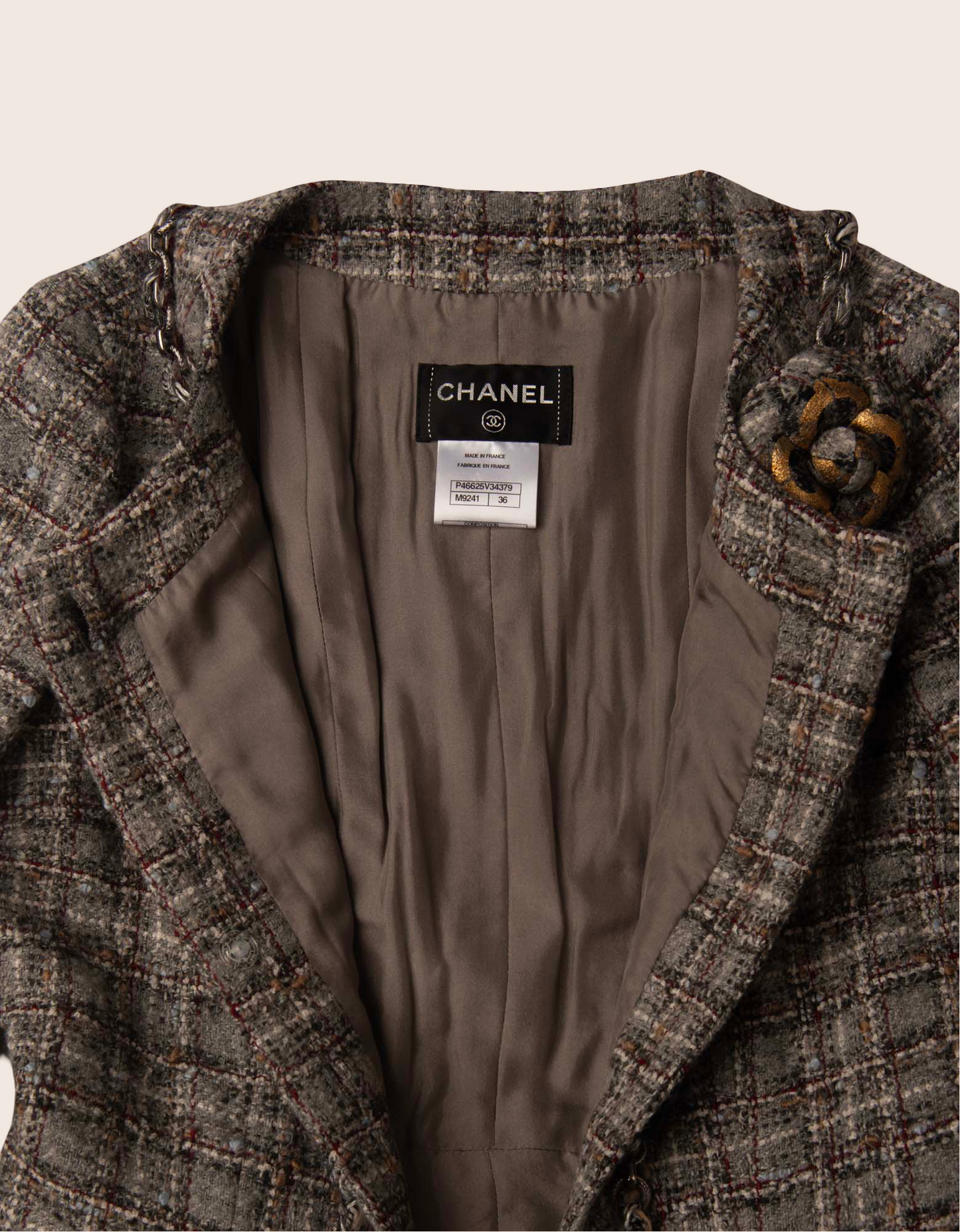 Chanel Tweed Coat with Gold-Accented Flower Brooch