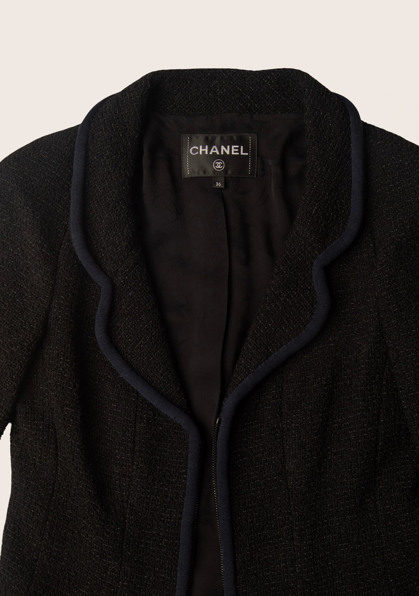 Chanel Black Tweed Jacket with Navy Trim