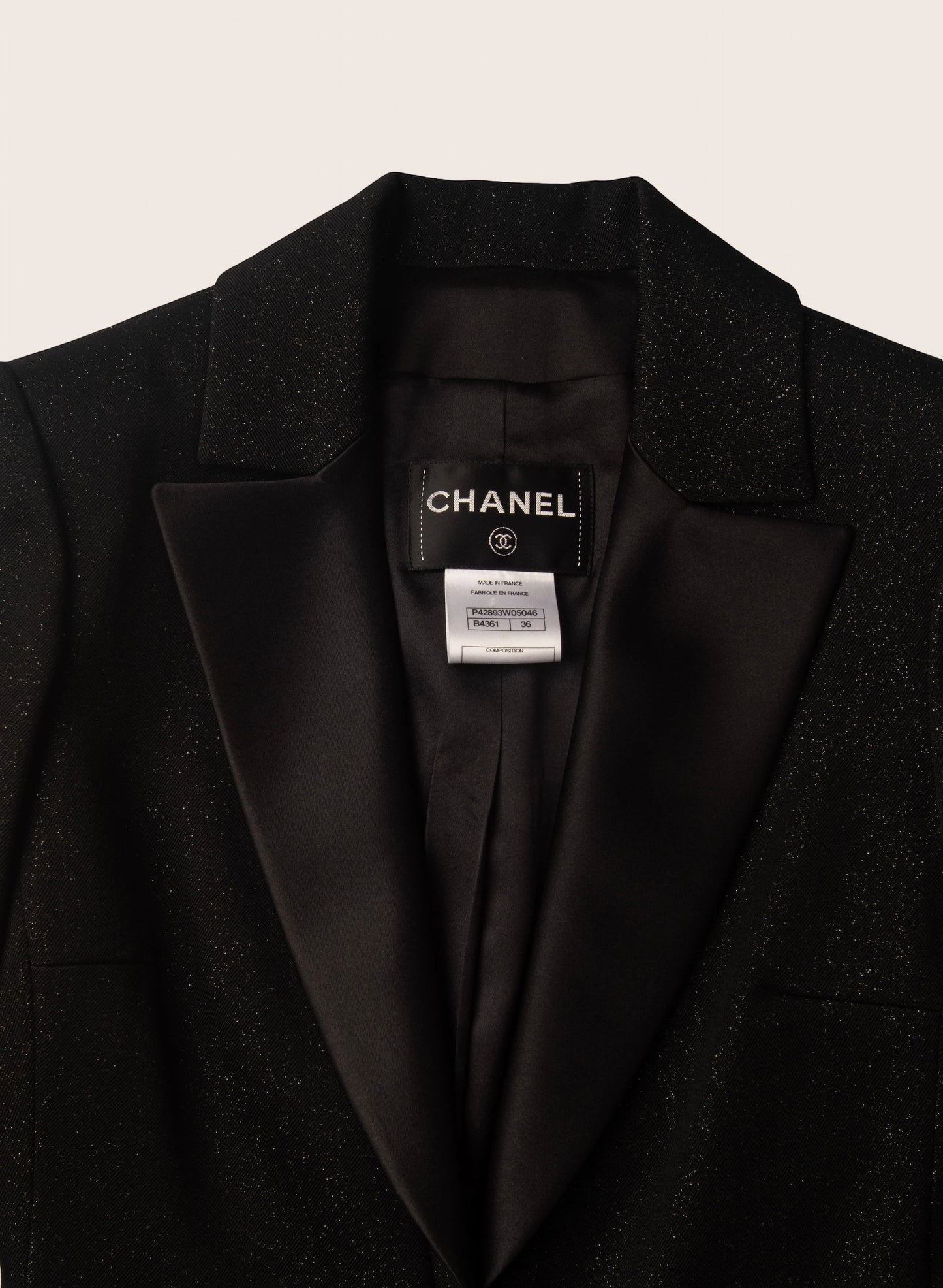 Chanel Black Sequin Tuxedo Jacket with Embellished Floral Detail
