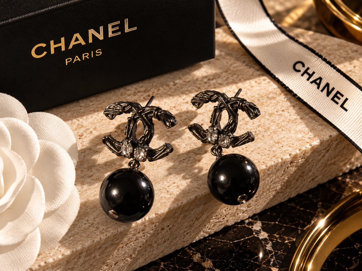 Chanel Black Pearl Drop Earrings