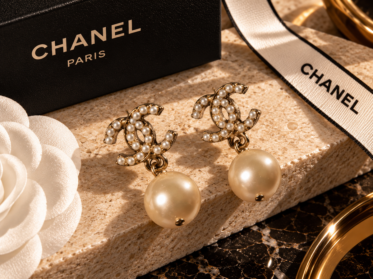 Chanel CC Pearl Drop Earrings