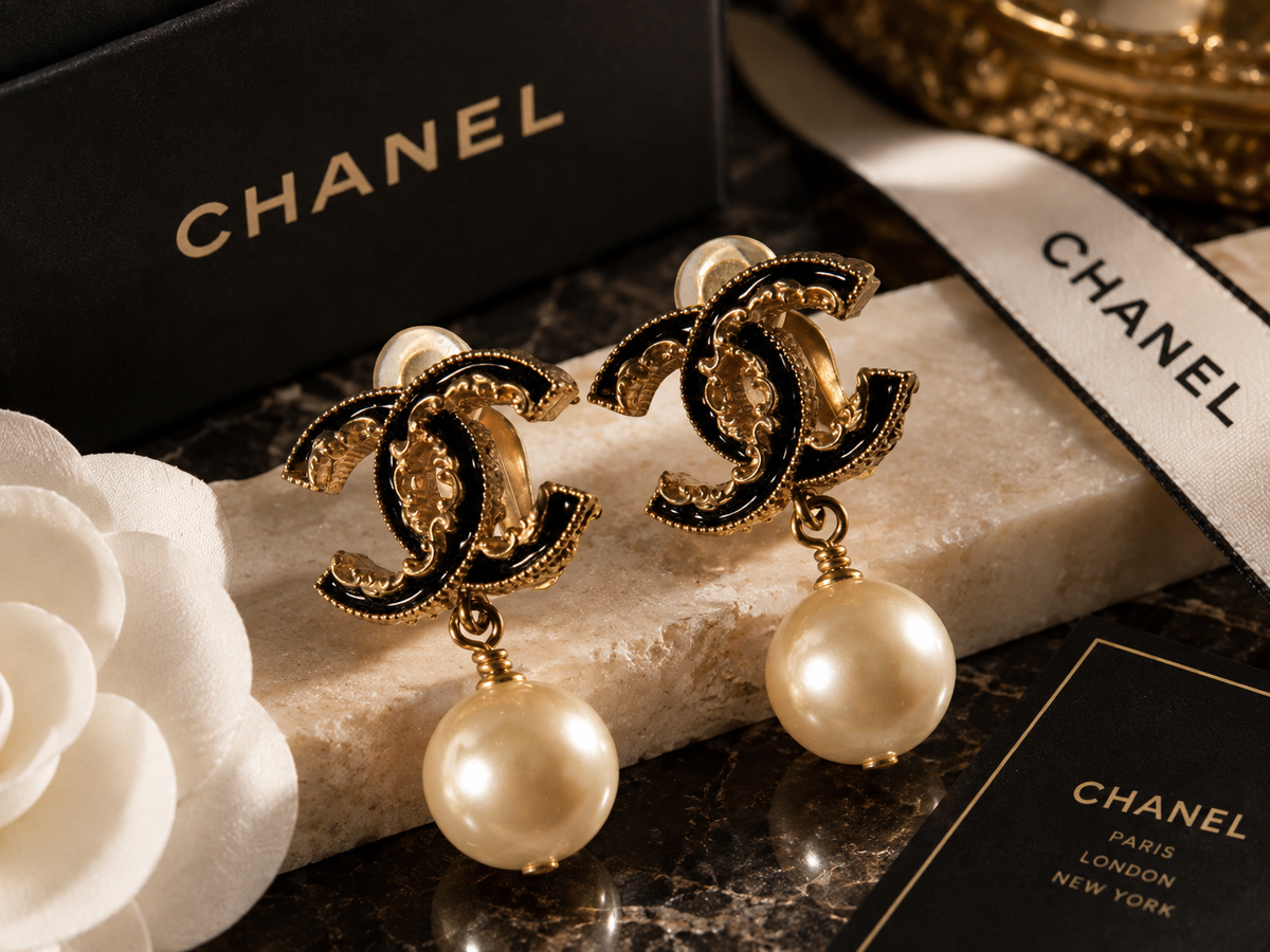 Chanel Black & Gold Pearl Drop Earrings
