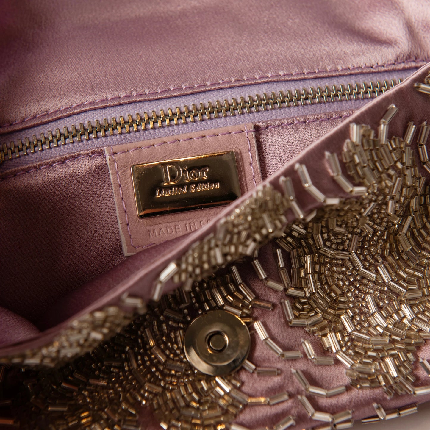 Christian Dior Vintage Pink Silk Beaded Flap Clutch