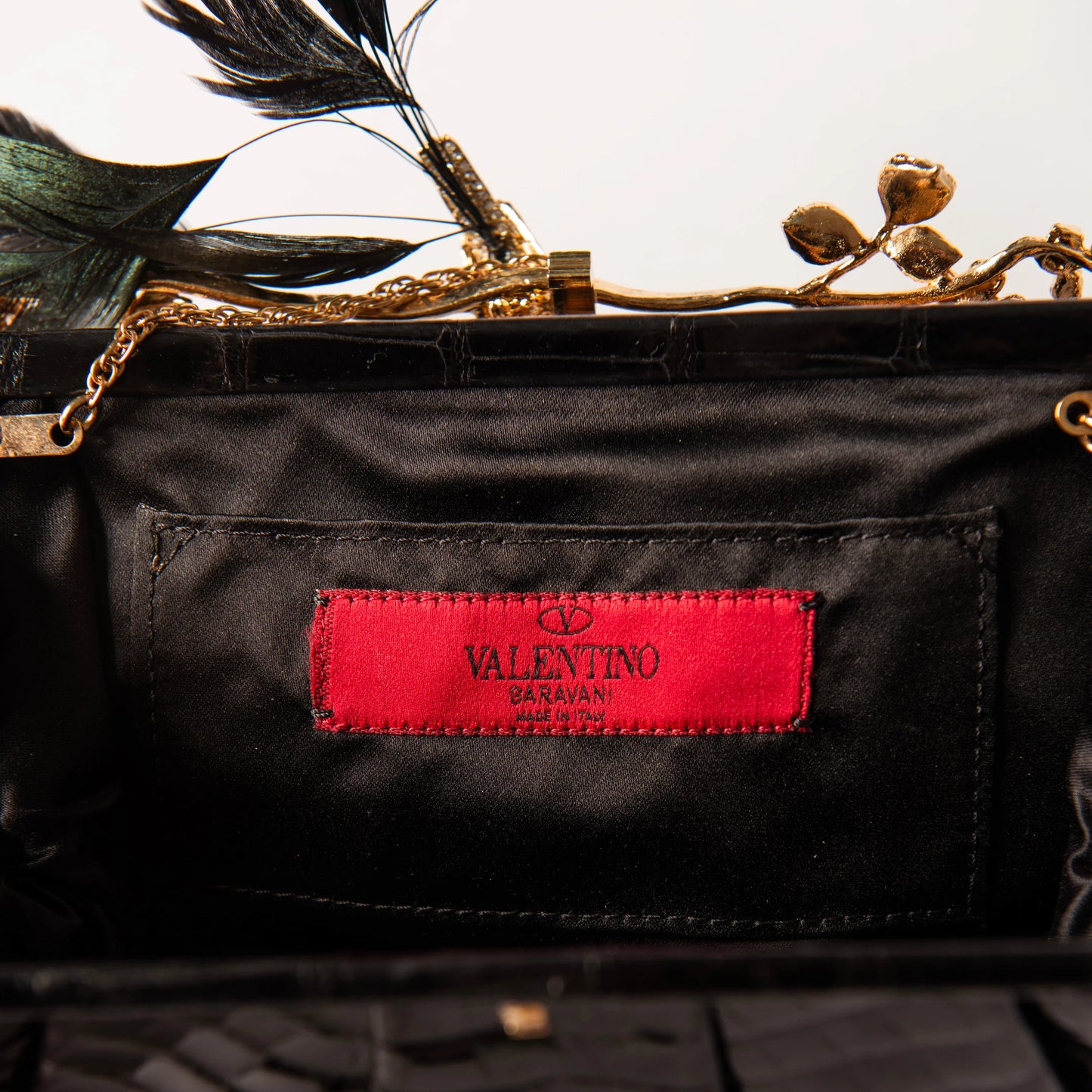 Valentino Black Crocodile Clutch with Crystal Bird Clasp