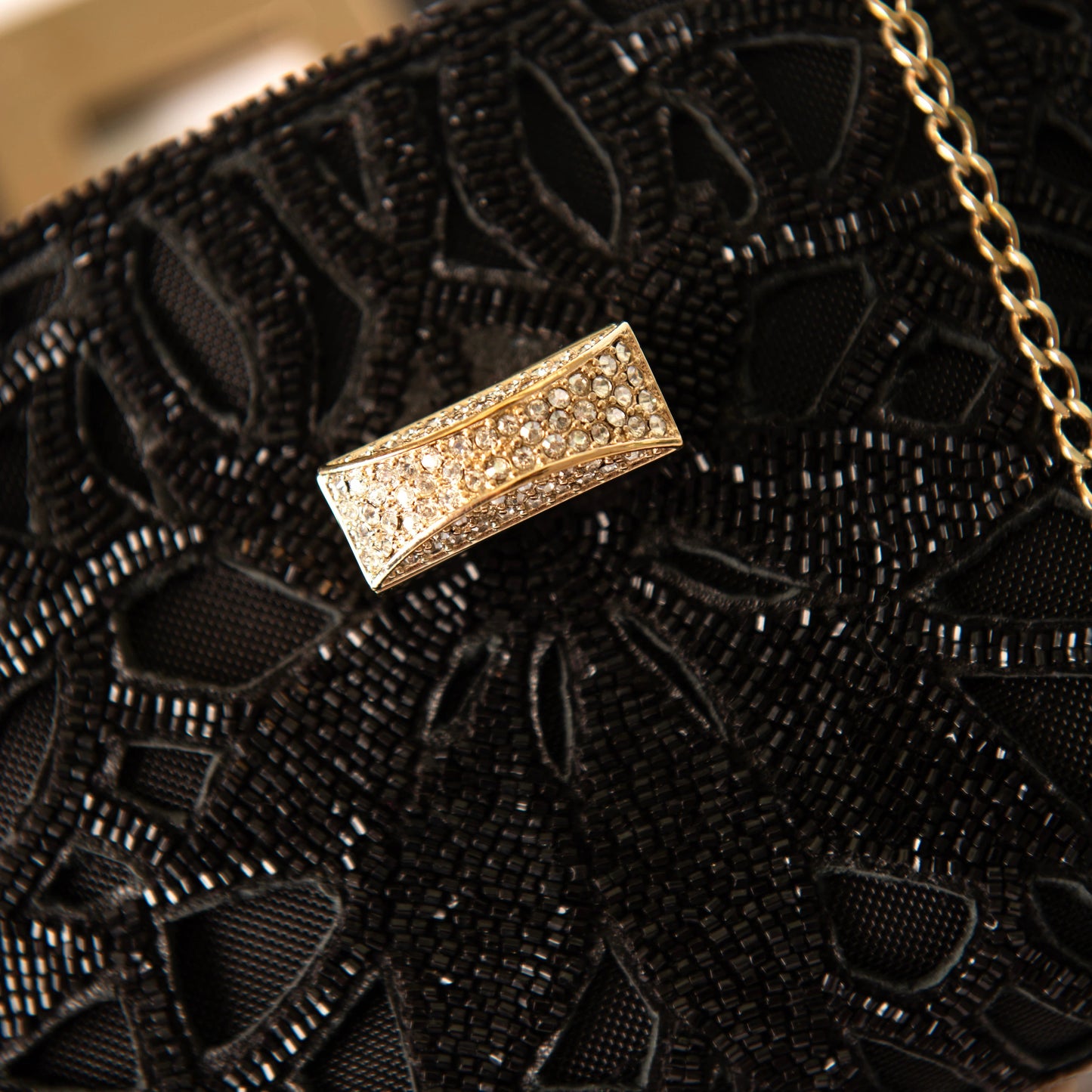 Valentino Black Beaded Lace Clutch with Crystal Turnlock Closure