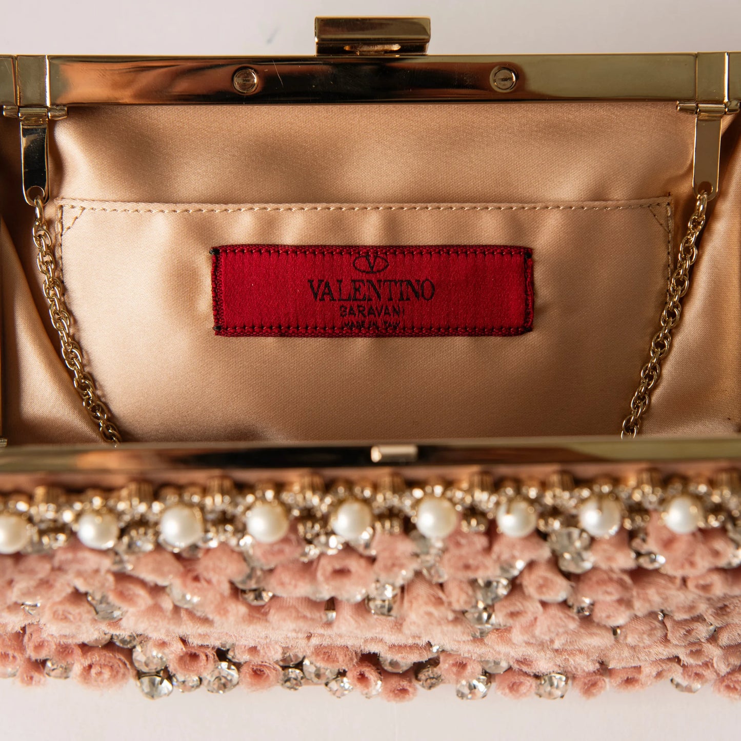 Valentino Pink Rosette Satin Clutch with Crystals and Pearl Trim