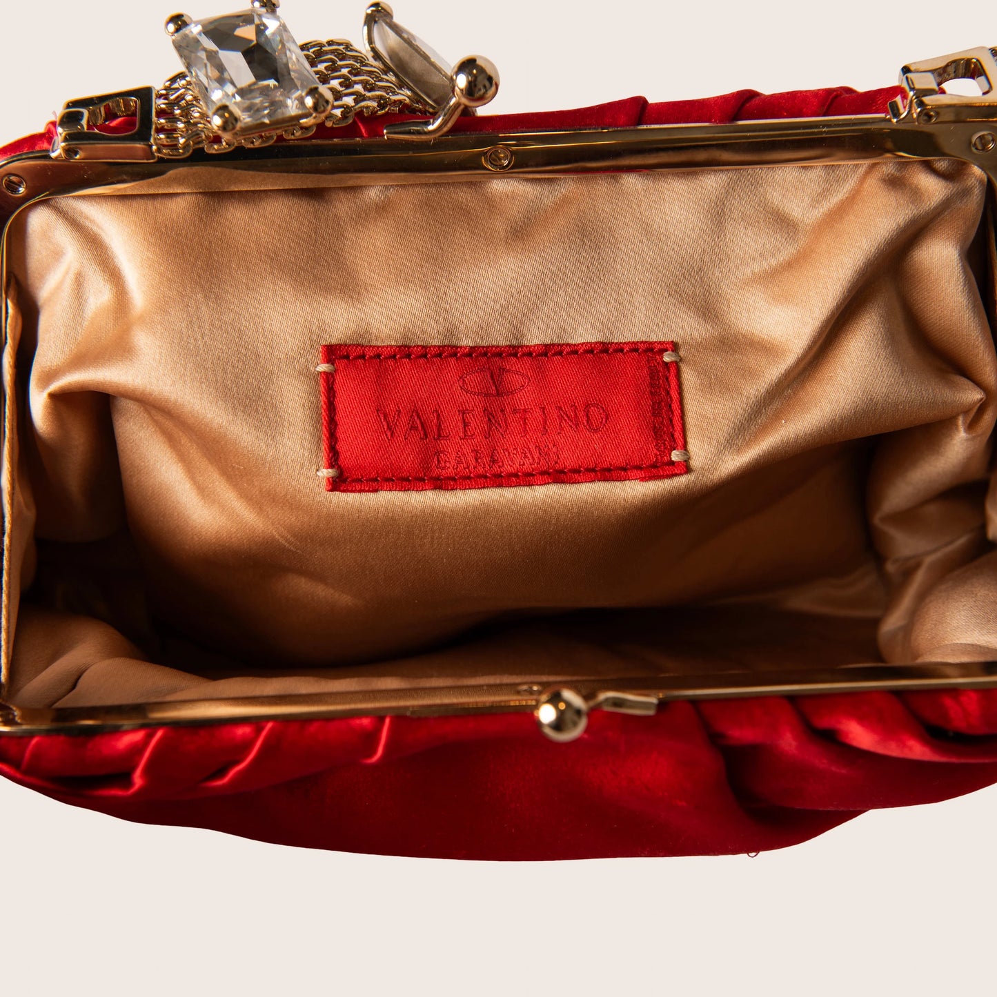 Valentino Red Satin Clutch with Crystal Strap Detail