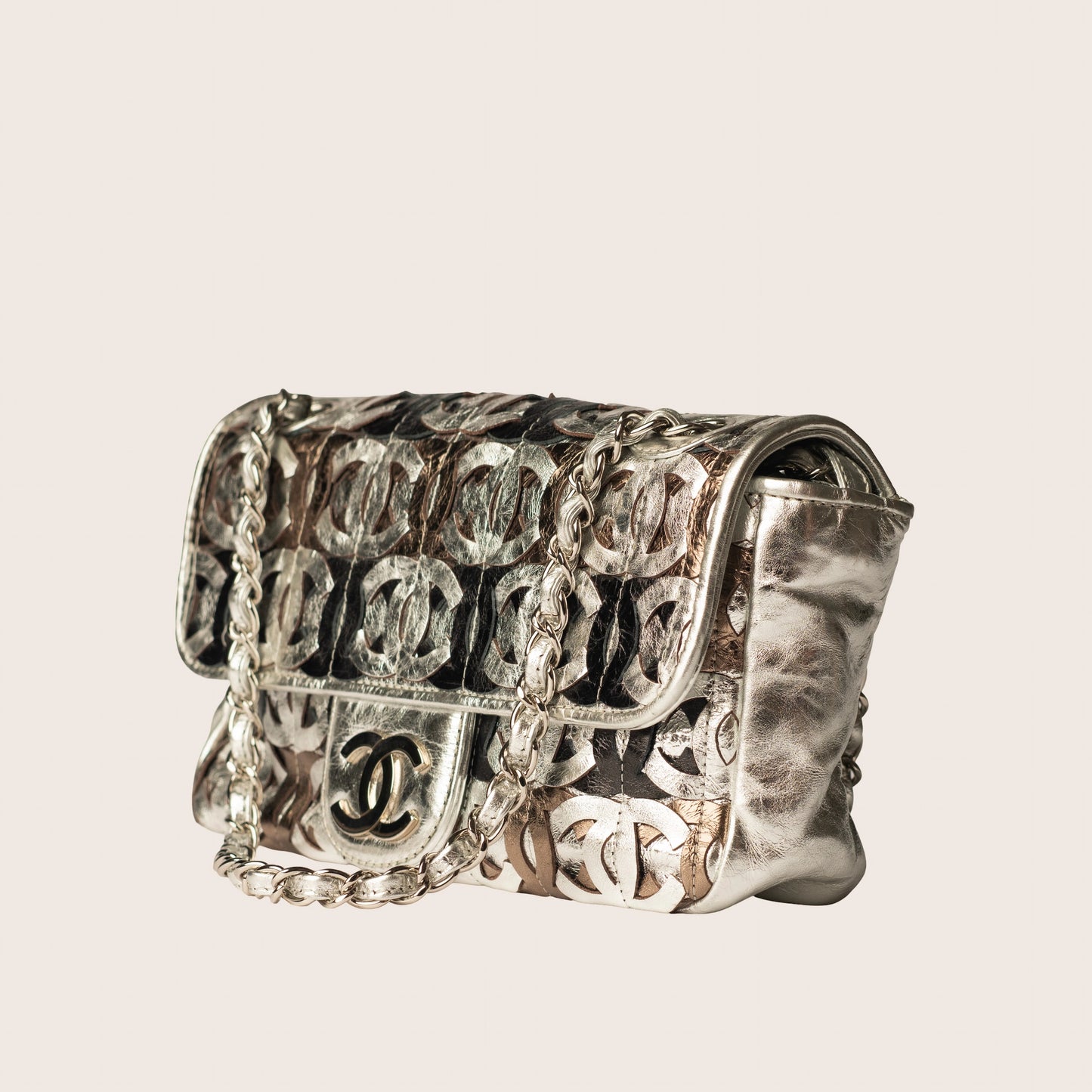 Chanel Metallic Crackled Calfskin CC Mix Flap Bag Silver Gold