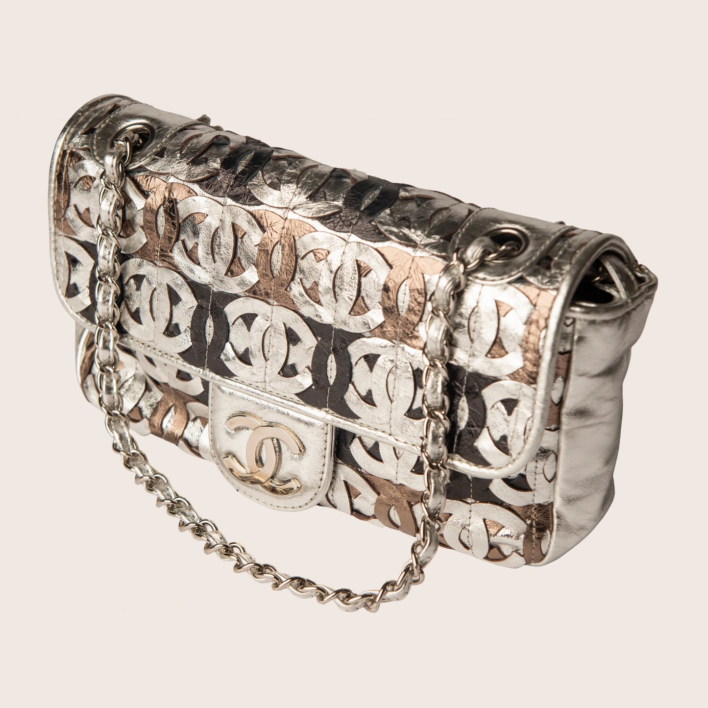 Chanel Metallic Crackled Calfskin CC Mix Flap Bag Silver Gold