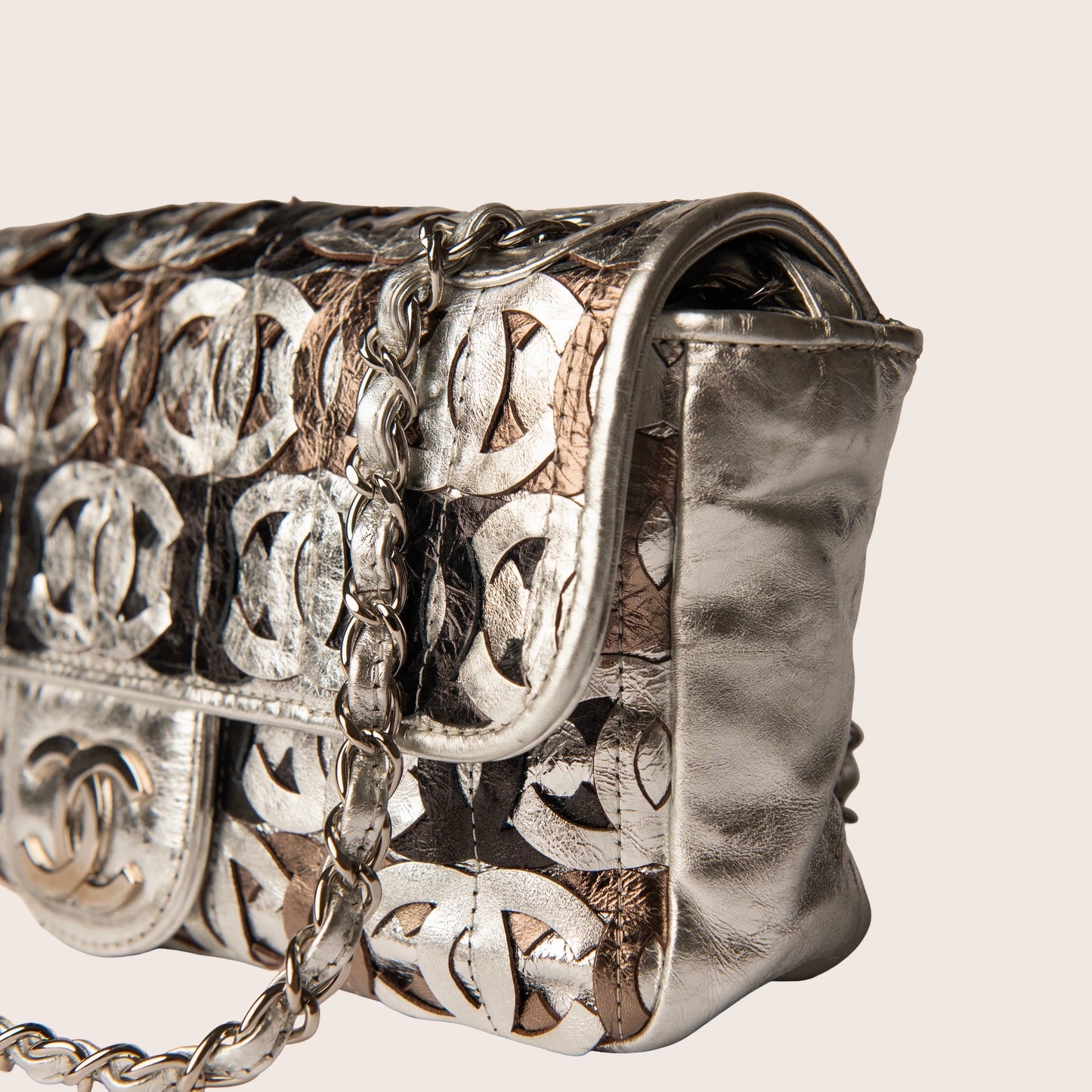 Chanel Metallic Crackled Calfskin CC Mix Flap Bag Silver Gold