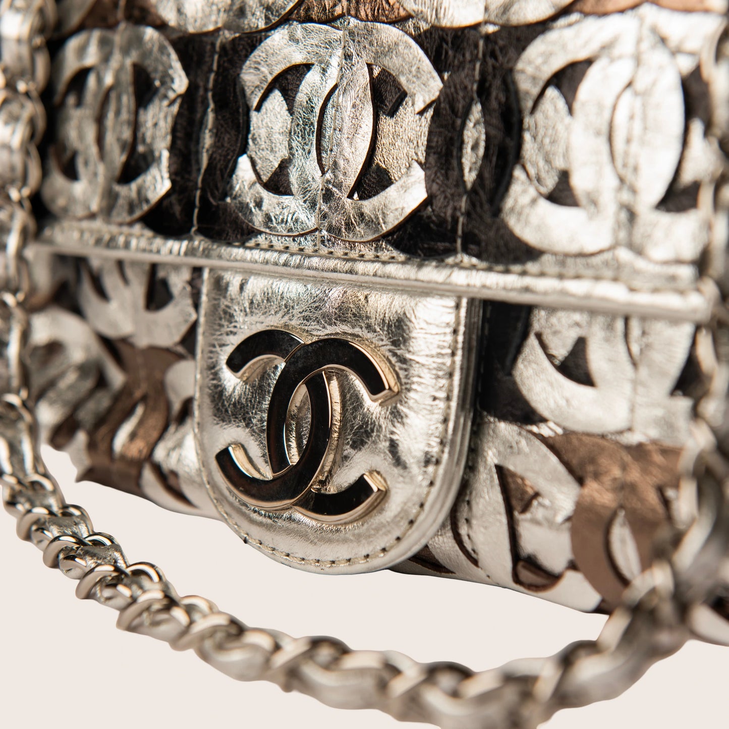 Chanel Metallic Crackled Calfskin CC Mix Flap Bag Silver Gold