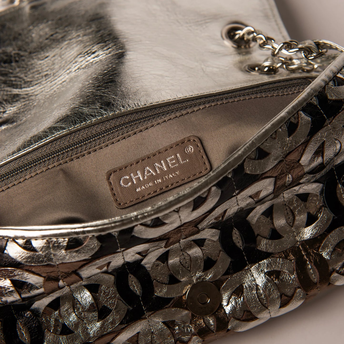 Chanel Metallic Crackled Calfskin CC Mix Flap Bag Silver Gold