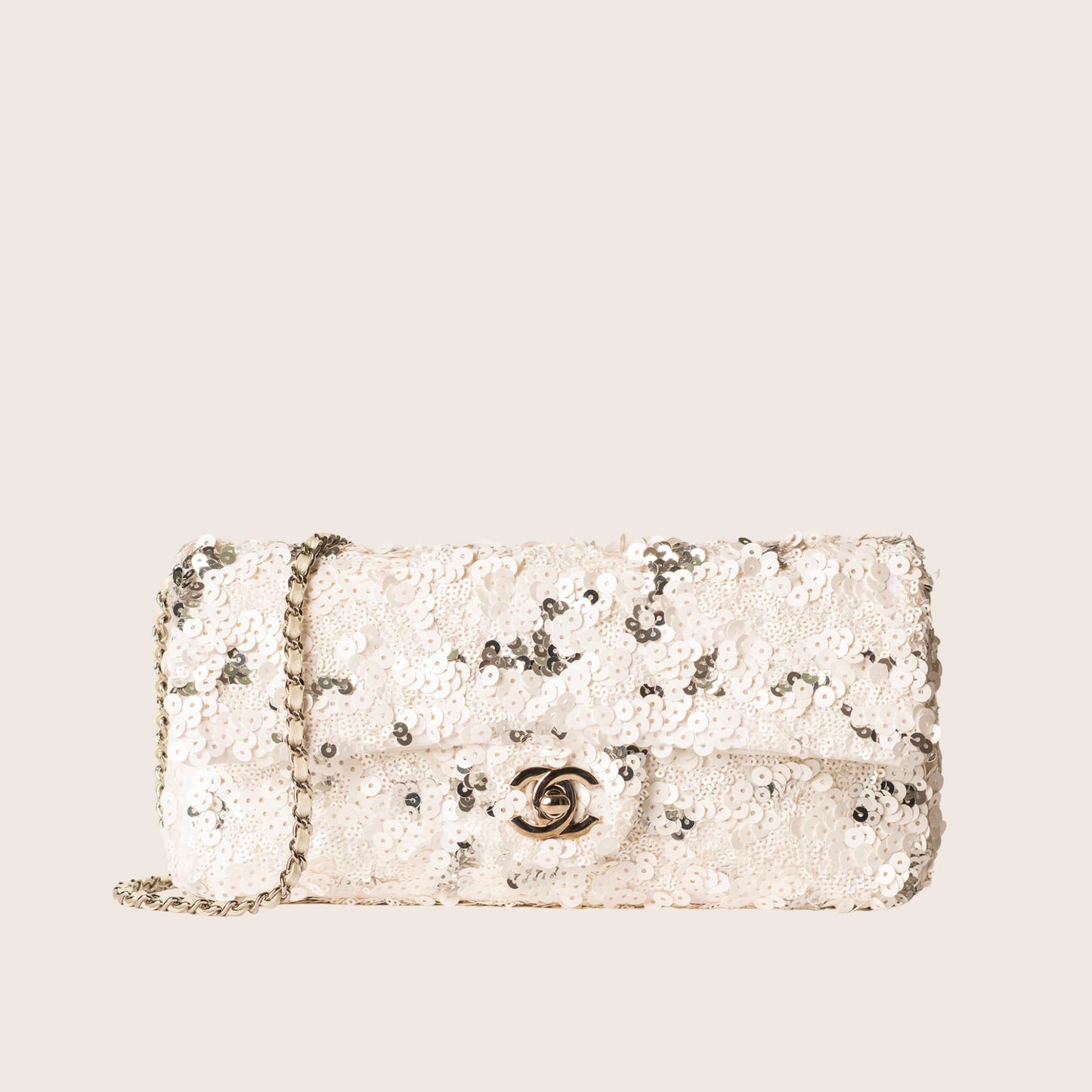 Chanel Silver/White Sequin East/West Flap Bag