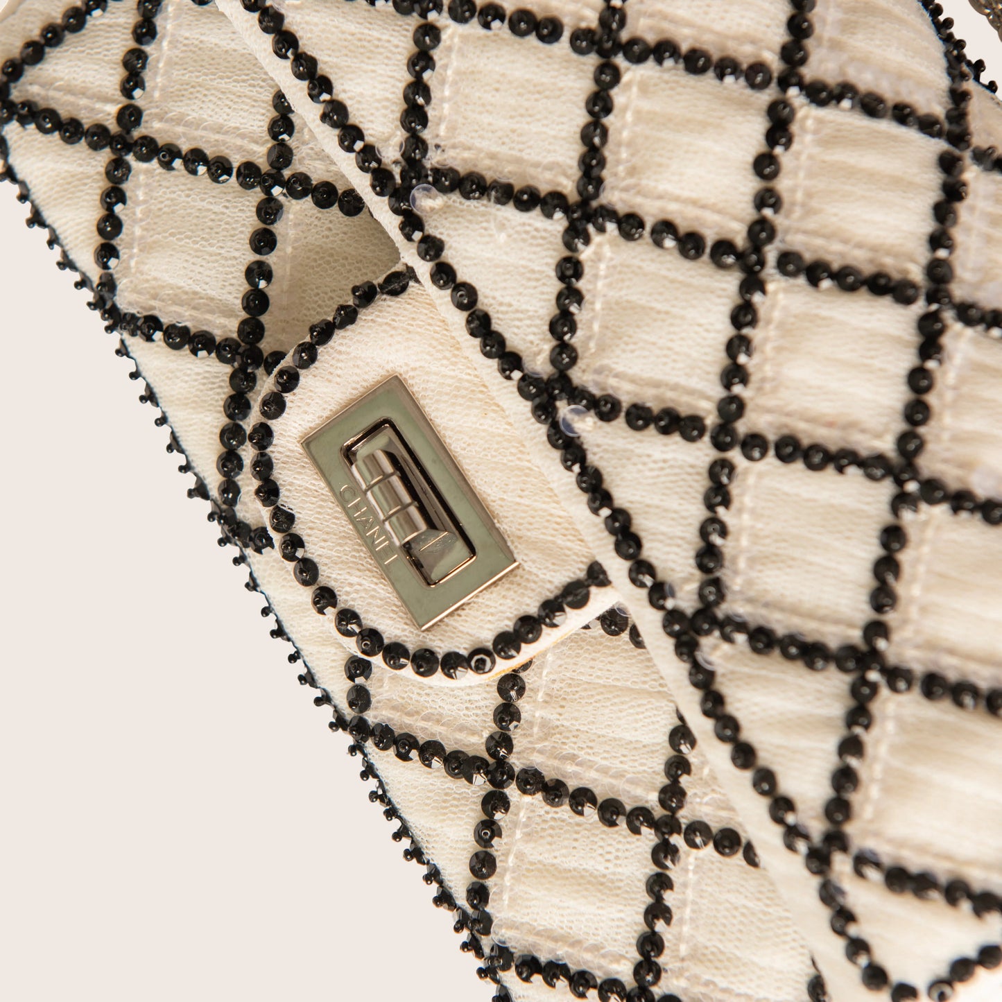Chanel White Sequin Mesh Black Beaded Quilted 2.55 Reissue 225 Double Flap