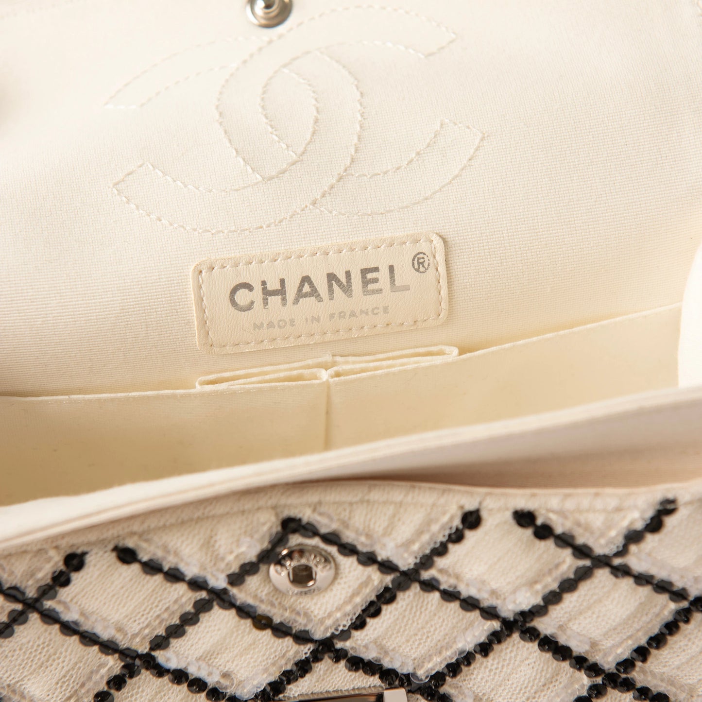 Chanel White Sequin Mesh Black Beaded Quilted 2.55 Reissue 225 Double Flap