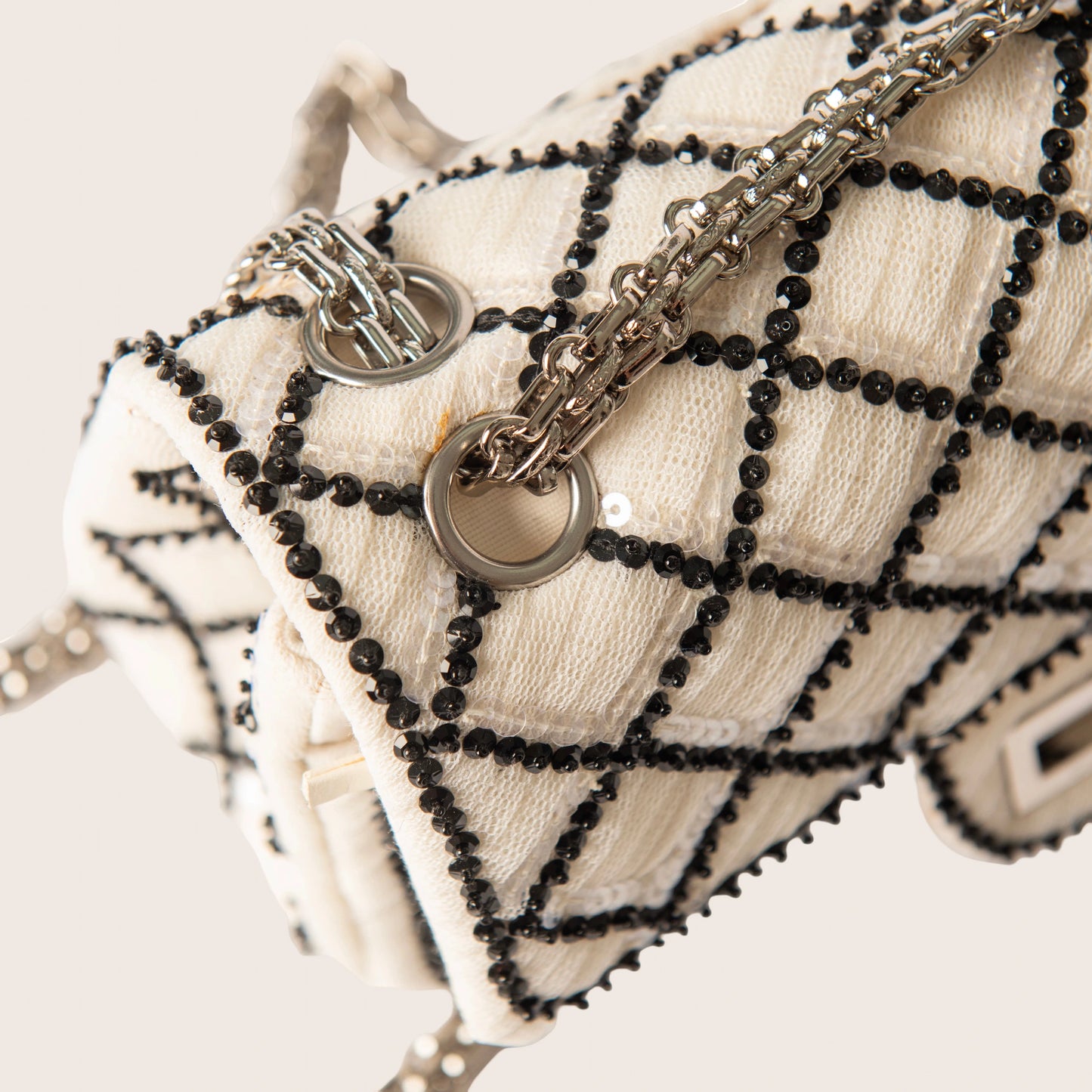 Chanel White Sequin Mesh Black Beaded Quilted 2.55 Reissue 225 Double Flap