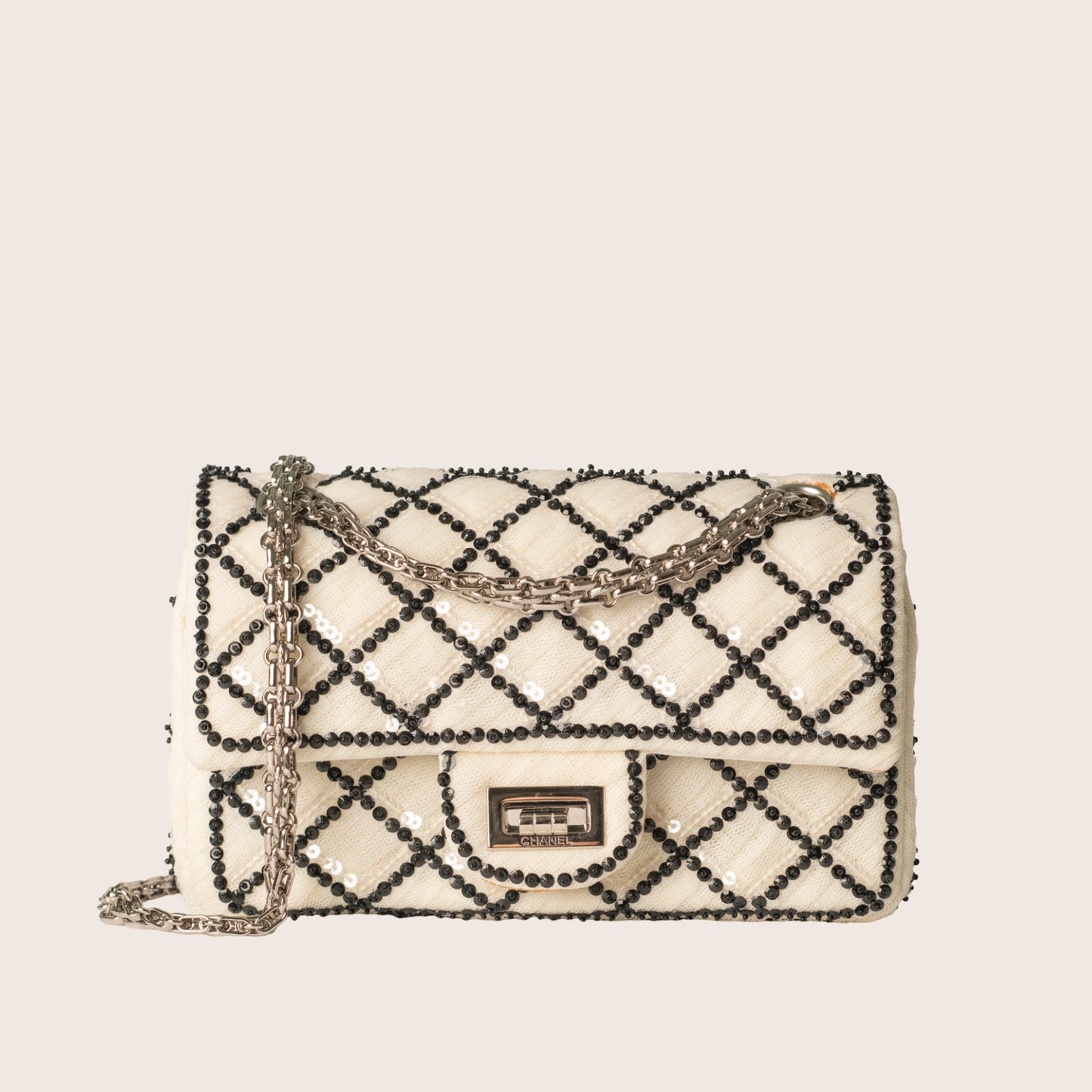Chanel White Sequin Mesh Black Beaded Quilted 2.55 Reissue 225 Double Flap