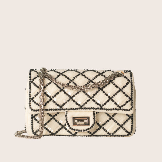 Chanel White Sequin Mesh Black Beaded Quilted 2.55 Reissue 225 Double Flap