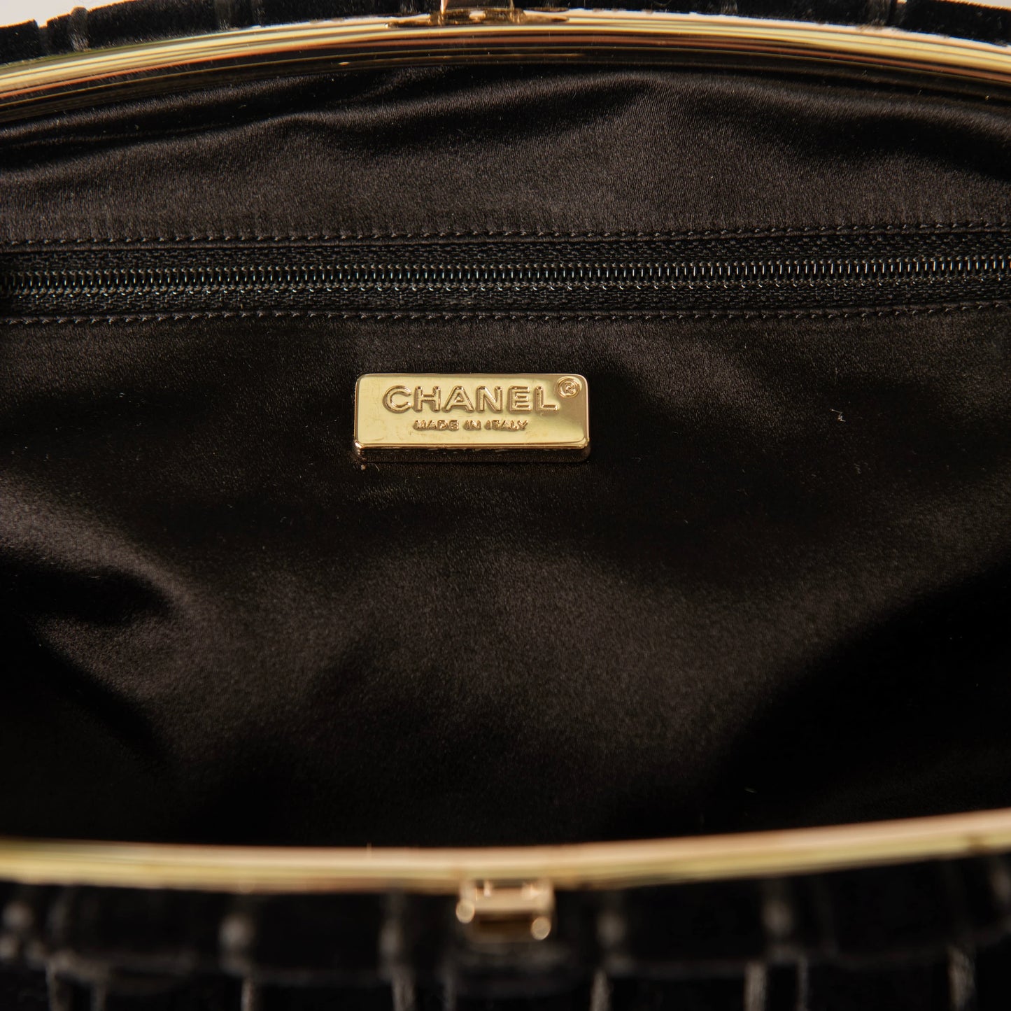 Chanel Black Velvet with Champagne Metal Evening Bag/Pouch