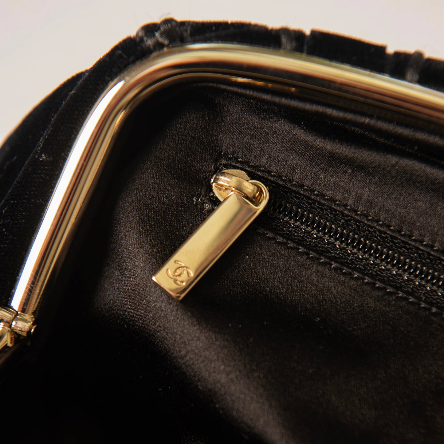 Chanel Black Velvet with Champagne Metal Evening Bag/Pouch