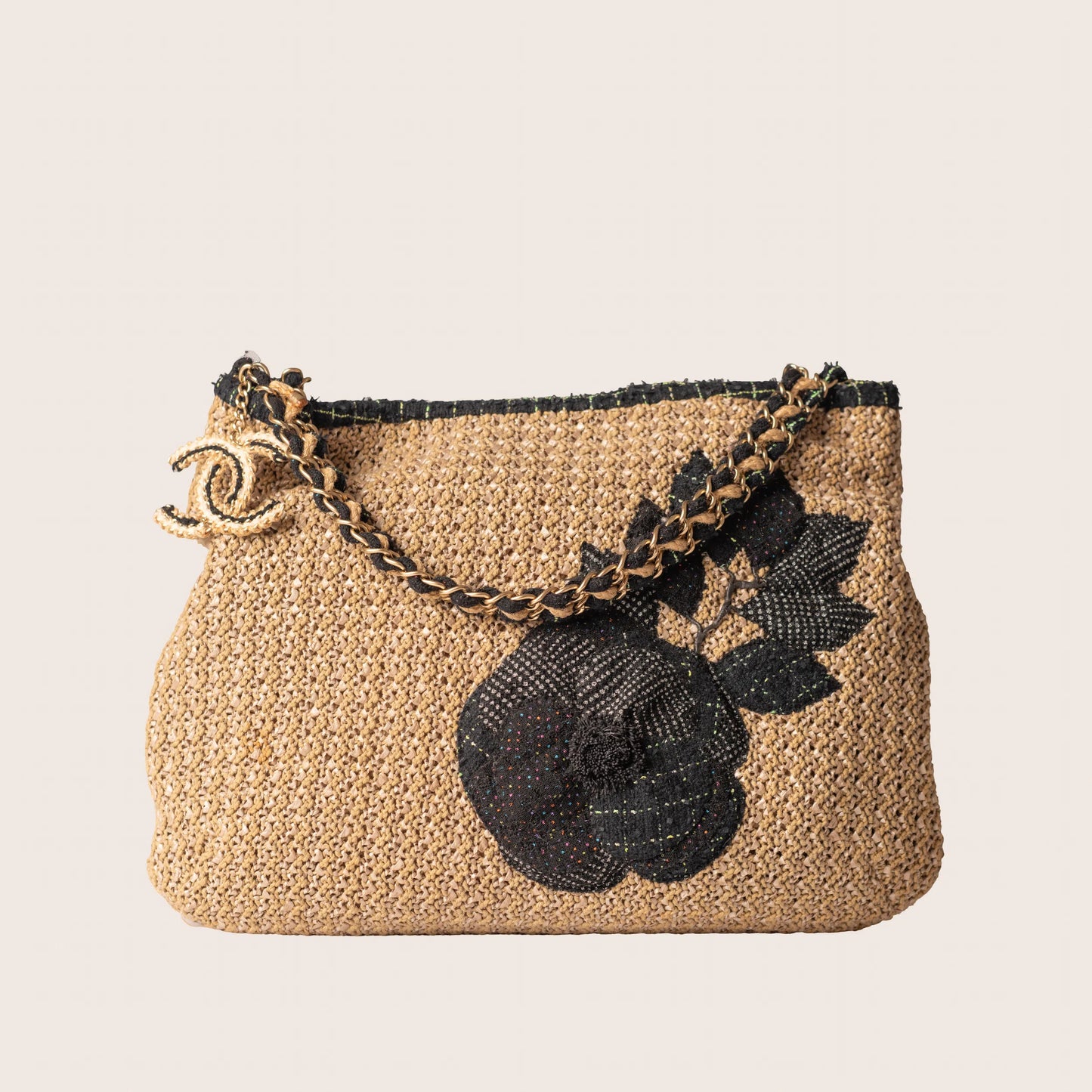 Chanel Woven Raffia Camellia Tote Bag