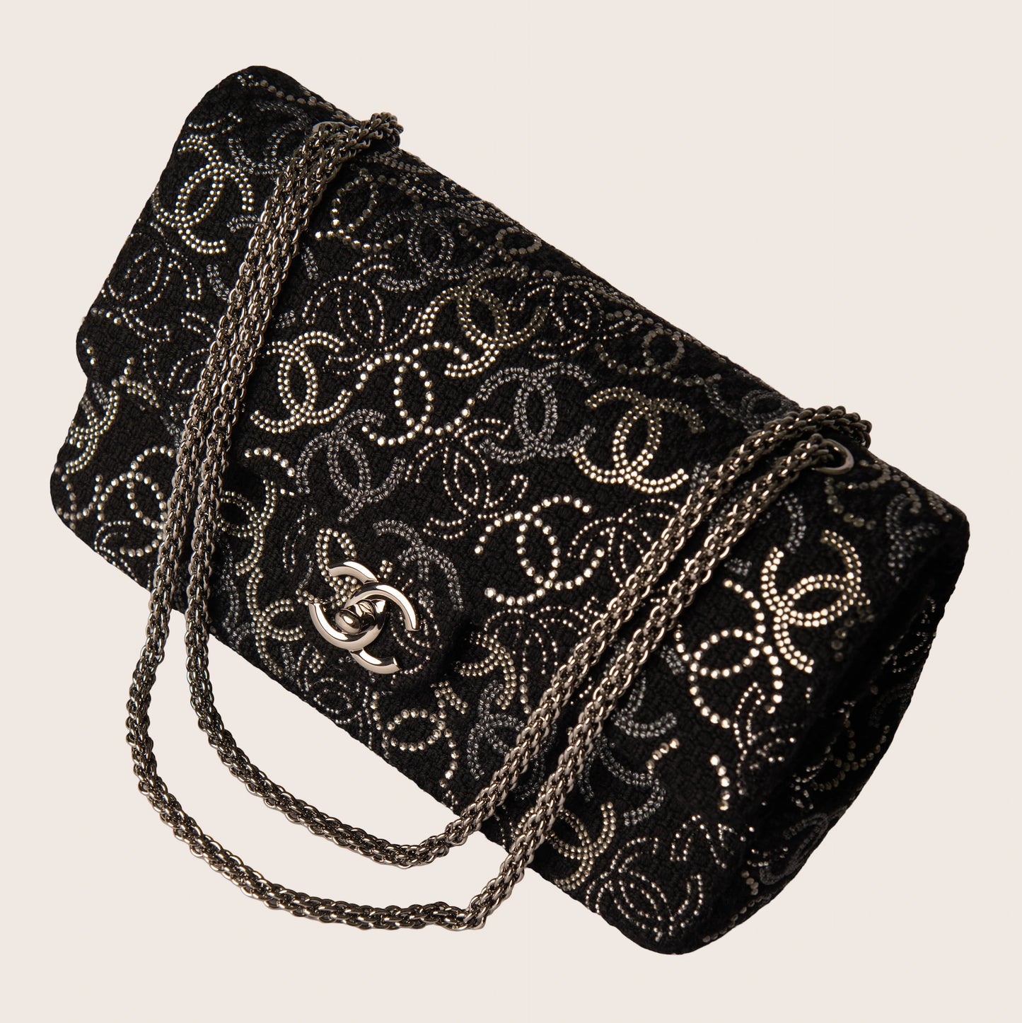 Chanel Black Tweed and Strass Crystal Paris-Shanghai Pudong Medium Flap Bag