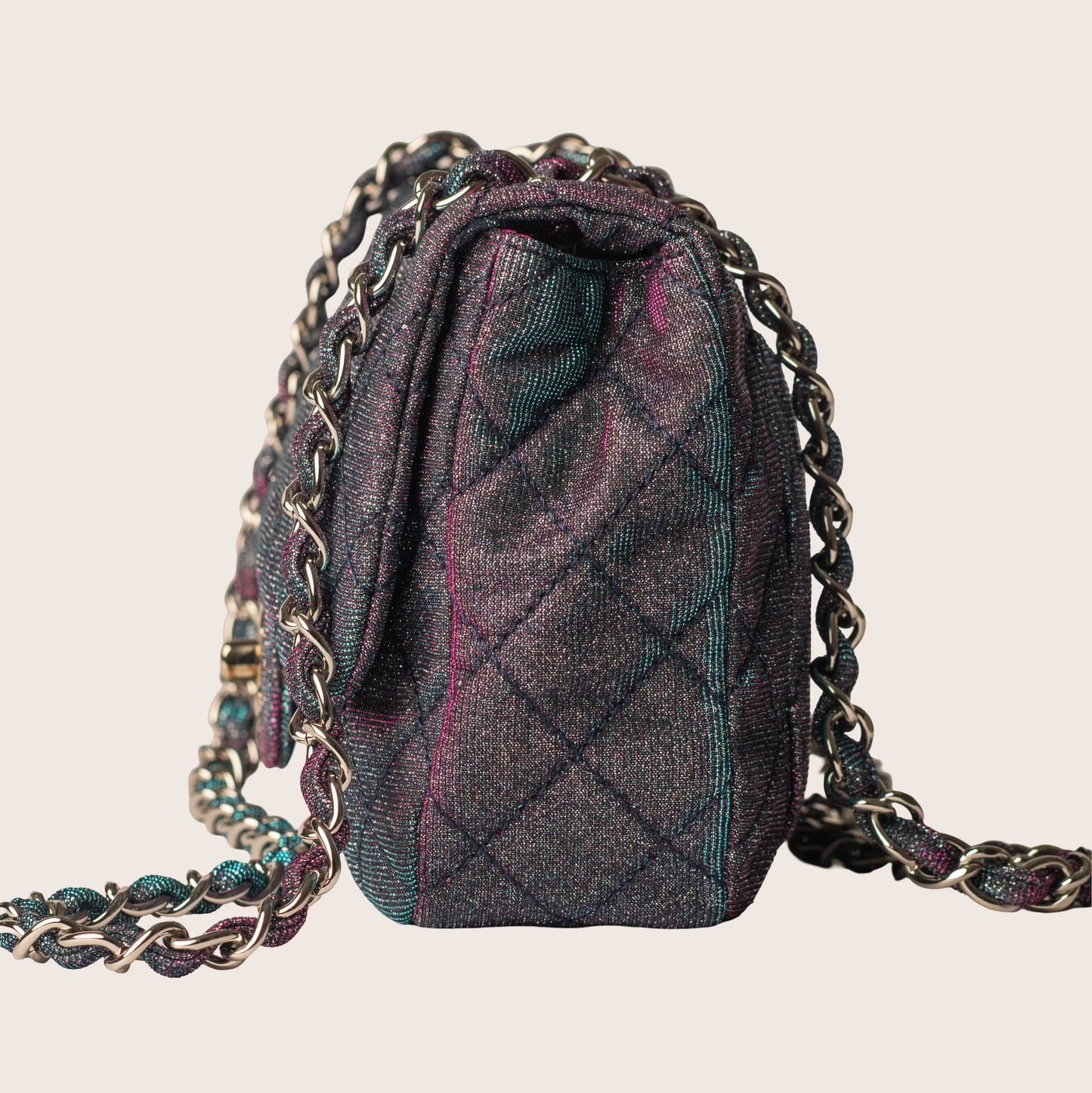 Chanel Iridescent Multicolor Quilted Glitter Fabric Jumbo Single Flap Bag
