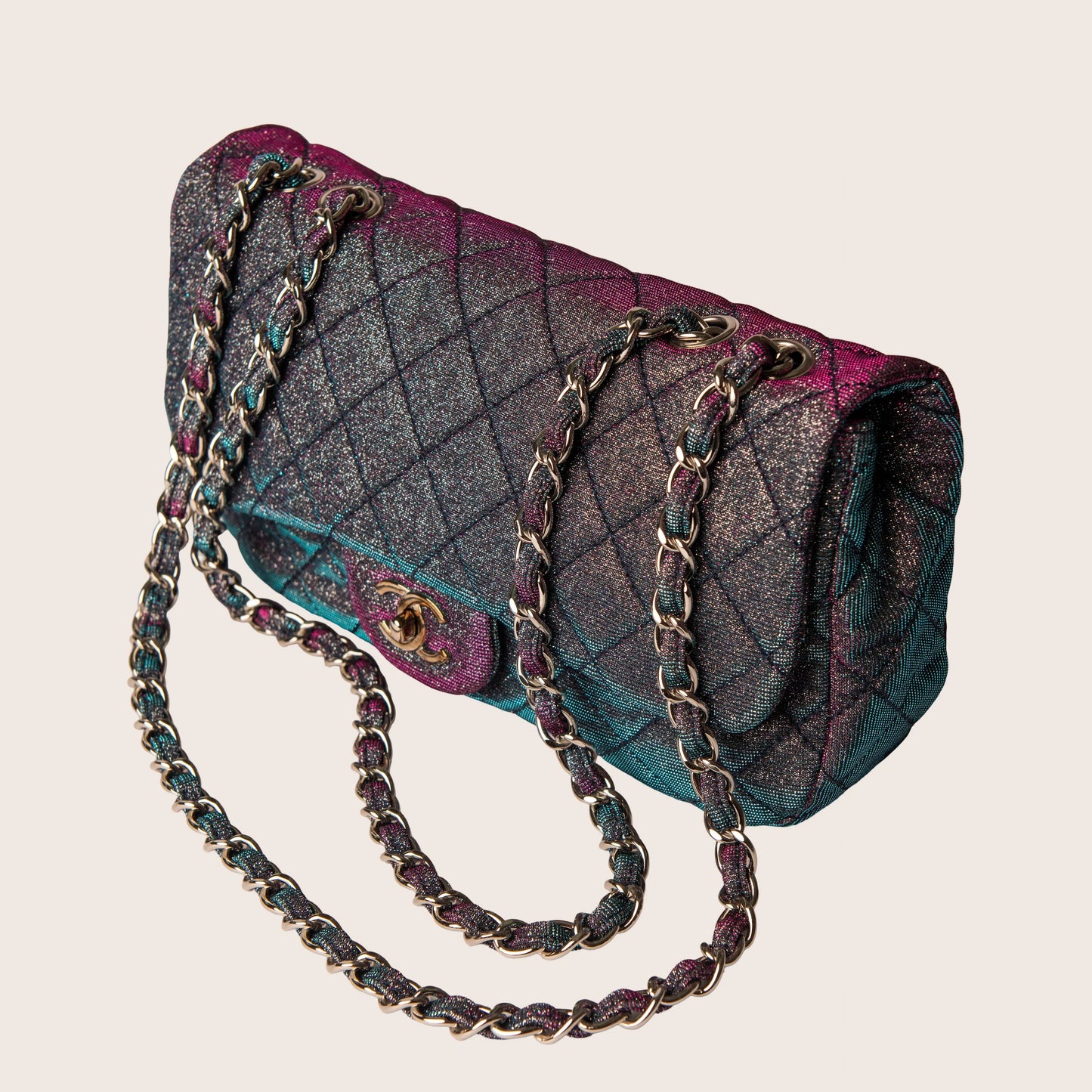 Chanel Iridescent Multicolor Quilted Glitter Fabric Jumbo Single Flap Bag