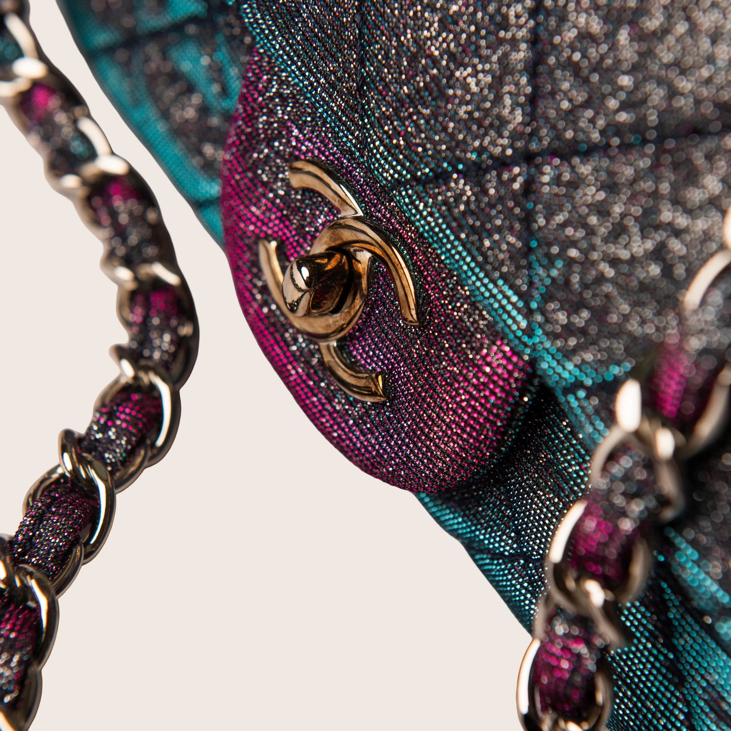 Chanel Iridescent Multicolor Quilted Glitter Fabric Jumbo Single Flap Bag