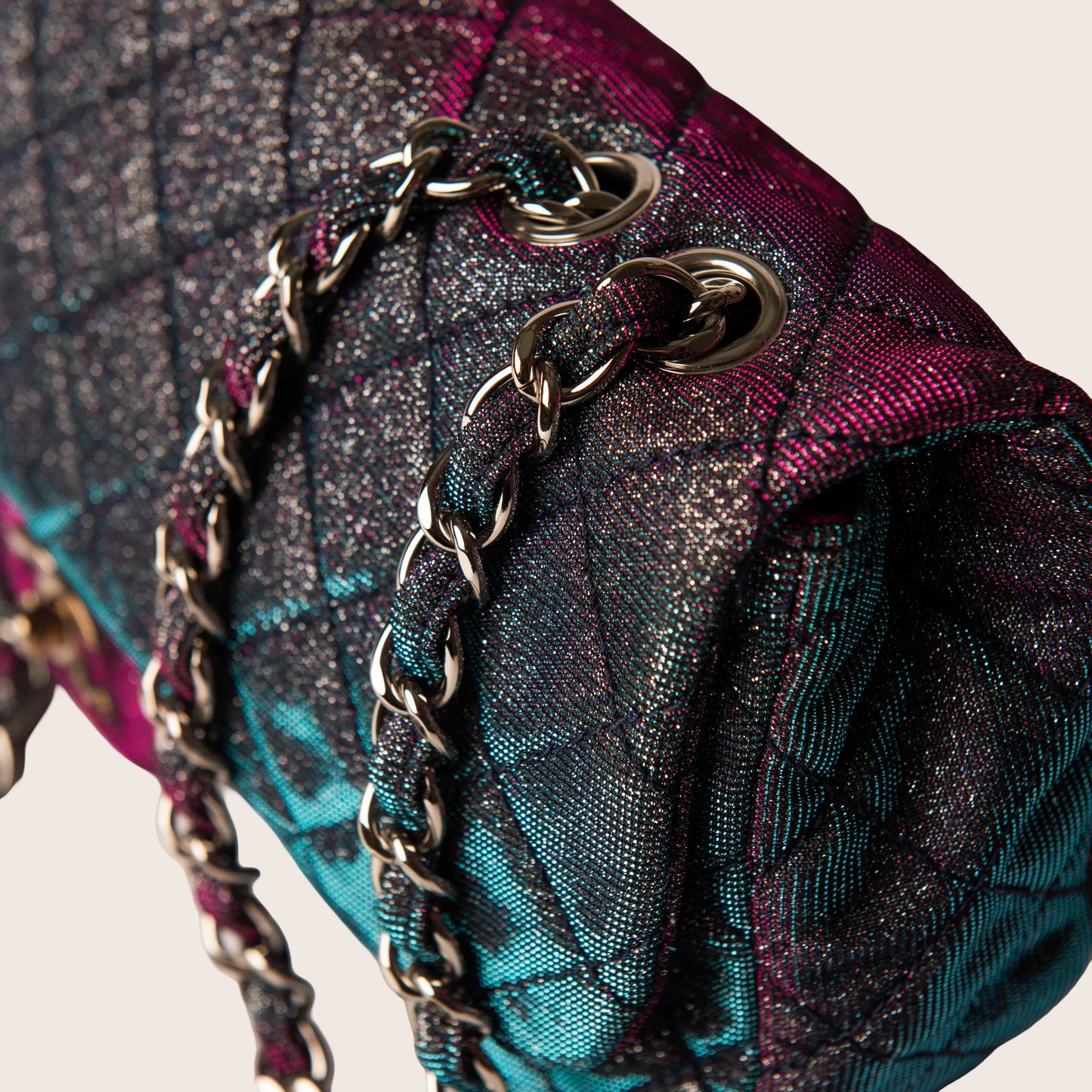 Chanel Iridescent Multicolor Quilted Glitter Fabric Jumbo Single Flap Bag