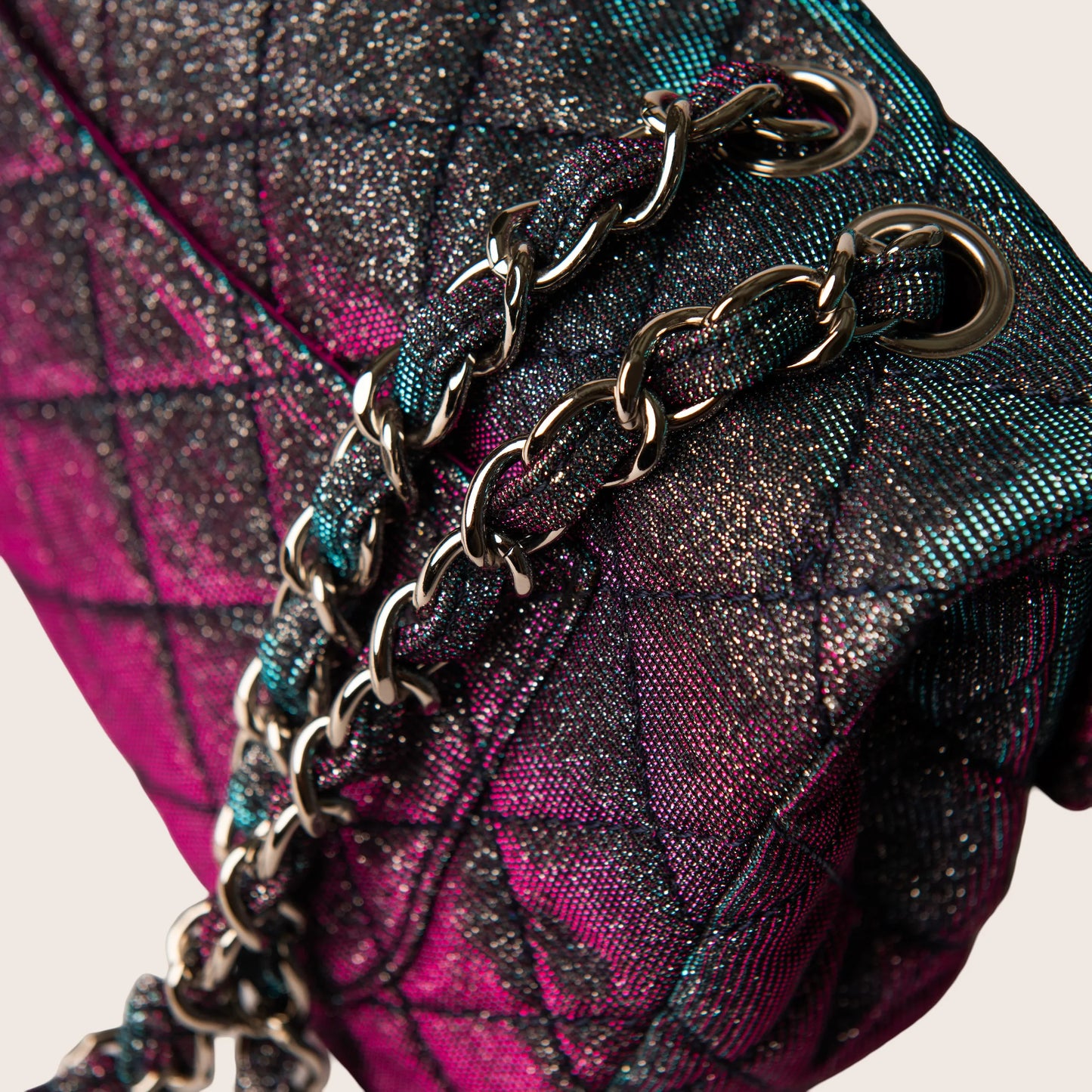 Chanel Iridescent Multicolor Quilted Glitter Fabric Jumbo Single Flap Bag