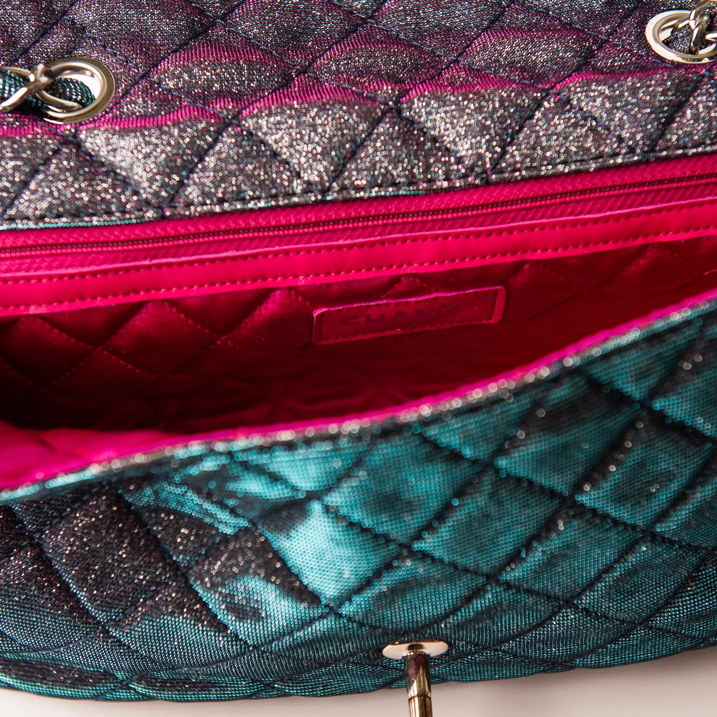 Chanel Iridescent Multicolor Quilted Glitter Fabric Jumbo Single Flap Bag