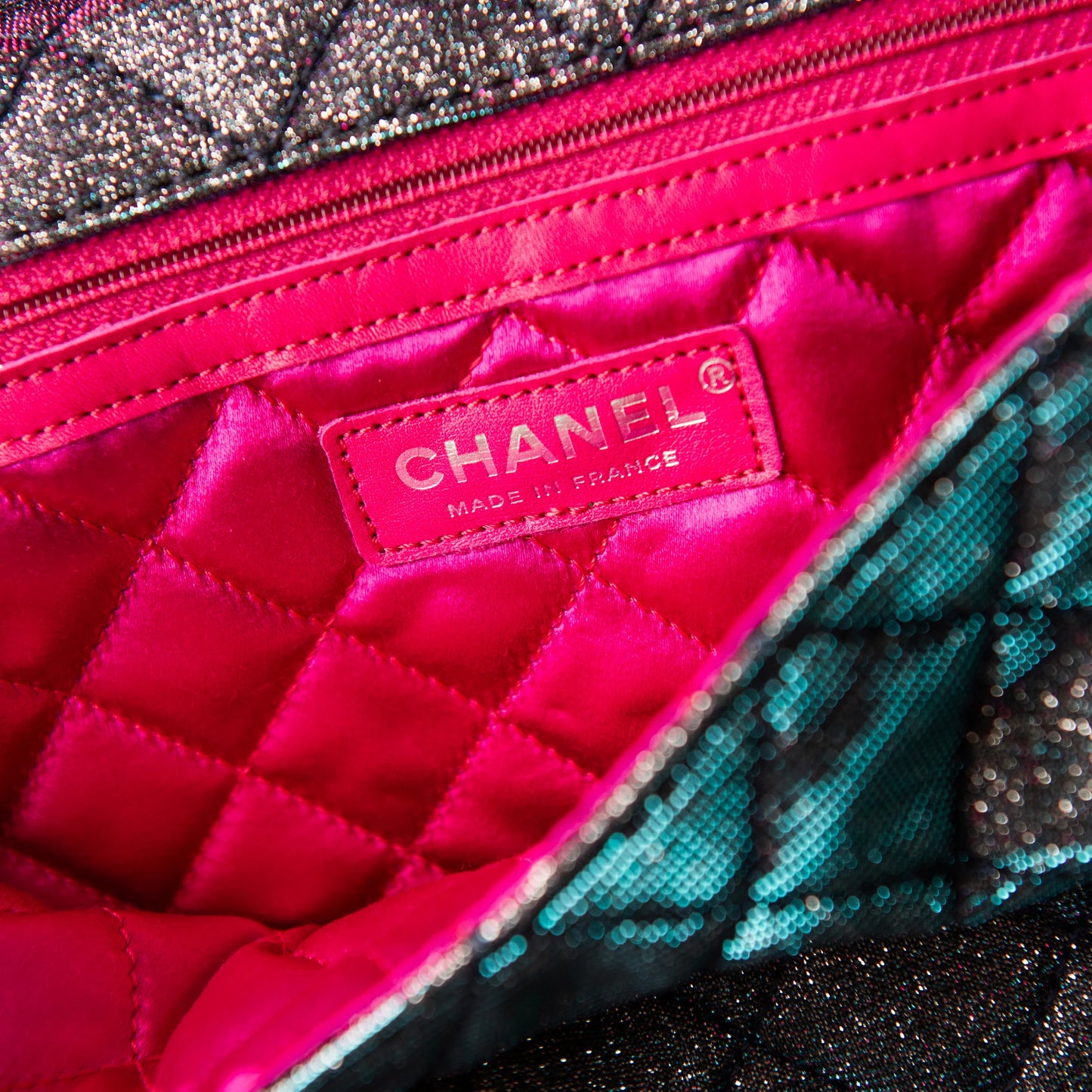 Chanel Iridescent Multicolor Quilted Glitter Fabric Jumbo Single Flap Bag