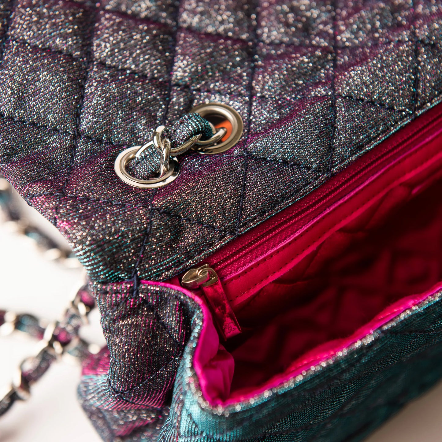 Chanel Iridescent Multicolor Quilted Glitter Fabric Jumbo Single Flap Bag