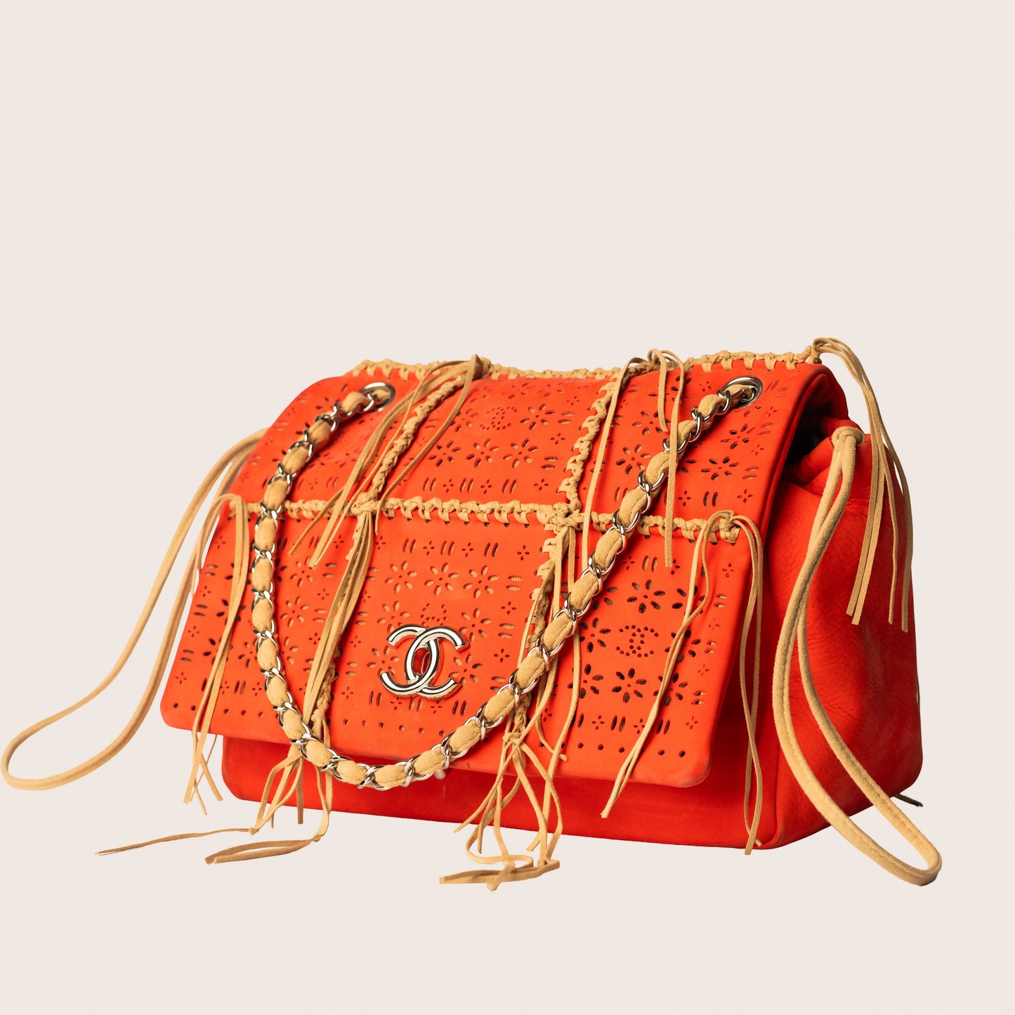 Chanel Orange Laser Cut Perforated Leather Fringe Flap Bag