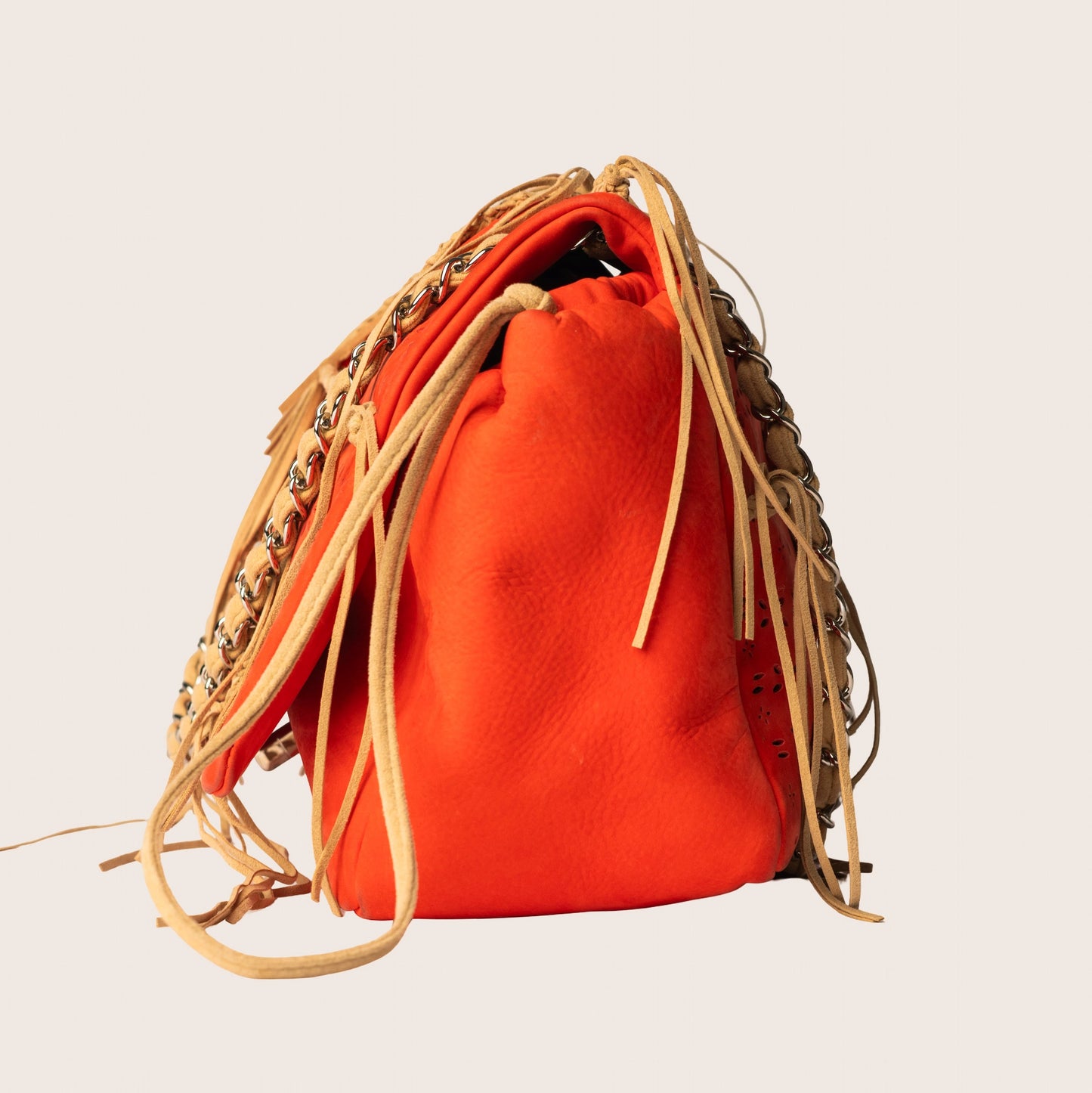 Chanel Orange Laser Cut Perforated Leather Fringe Flap Bag
