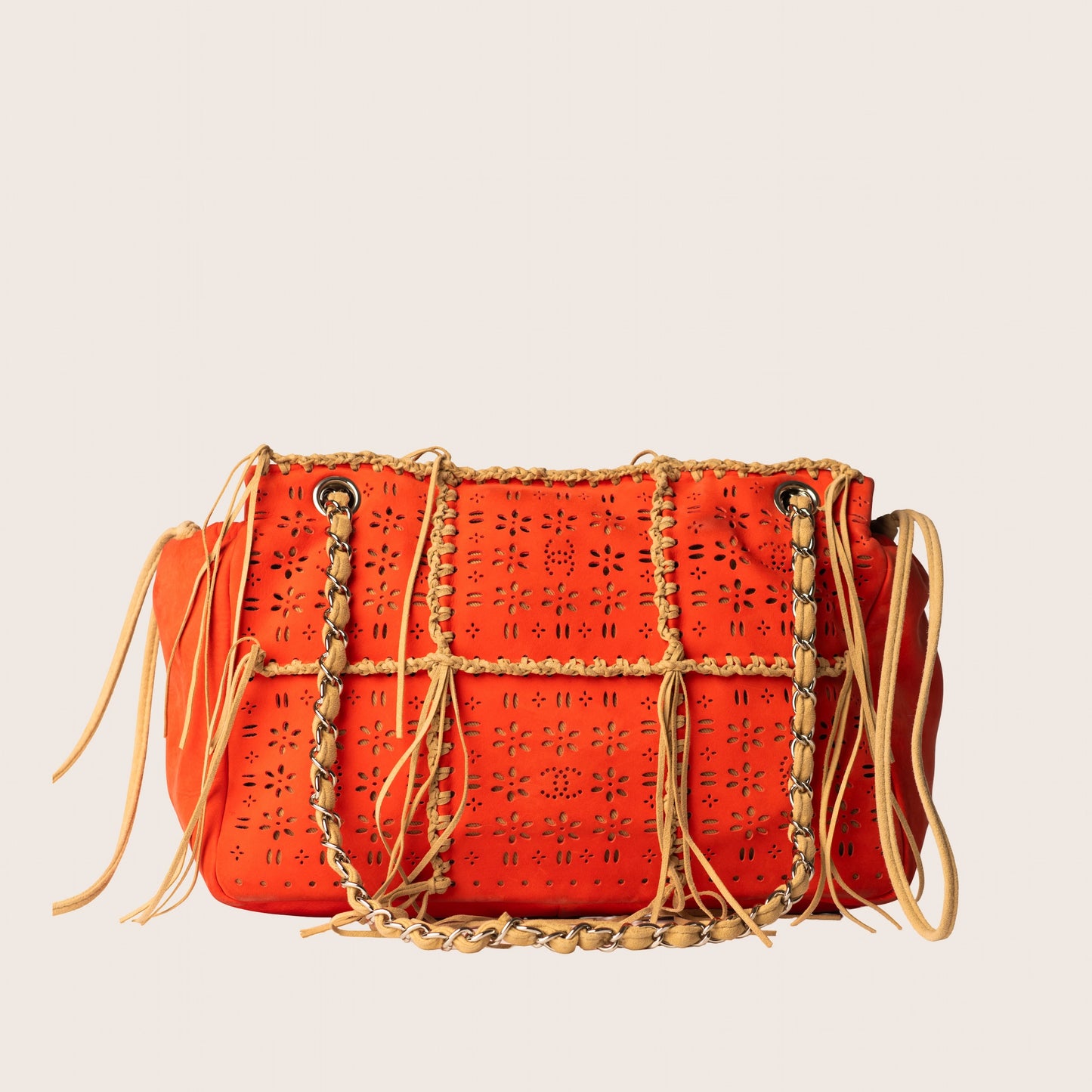 Chanel Orange Laser Cut Perforated Leather Fringe Flap Bag