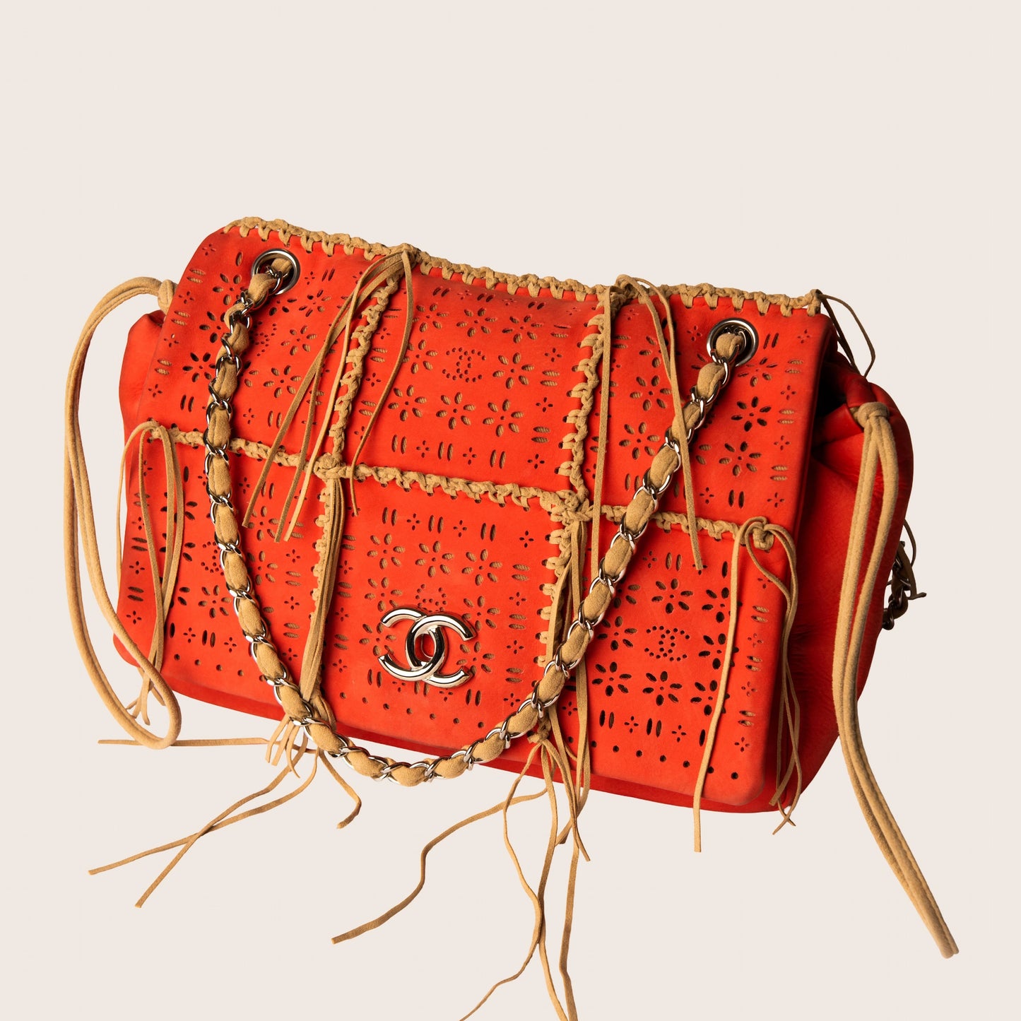 Chanel Orange Laser Cut Perforated Leather Fringe Flap Bag