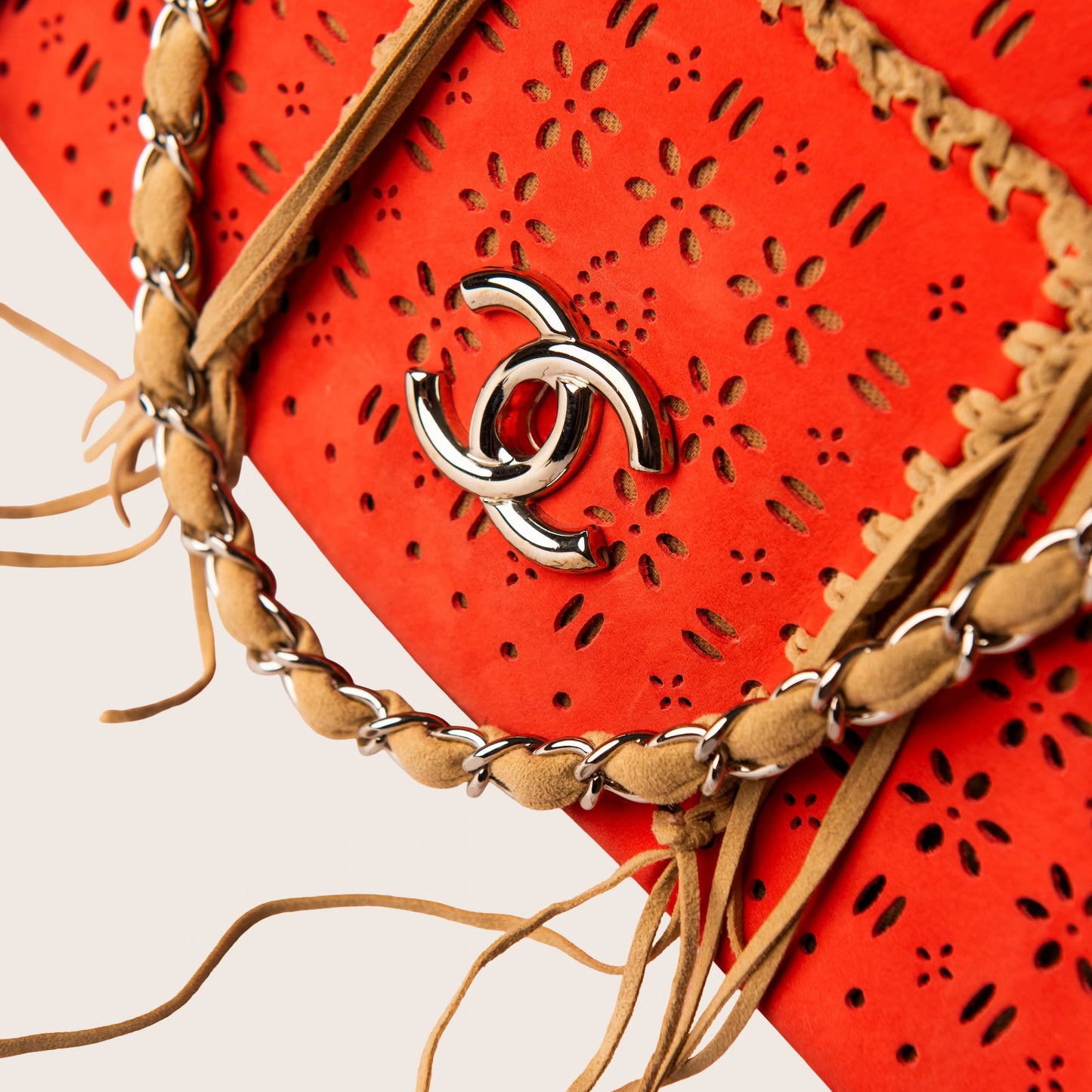 Chanel Orange Laser Cut Perforated Leather Fringe Flap Bag