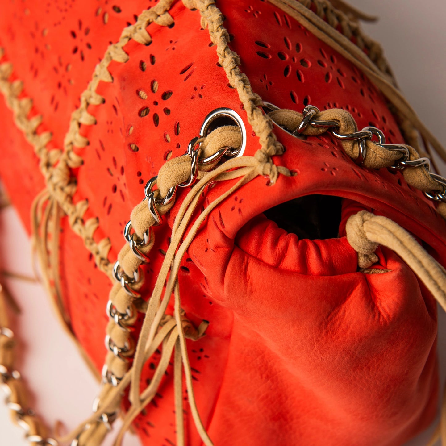 Chanel Orange Laser Cut Perforated Leather Fringe Flap Bag