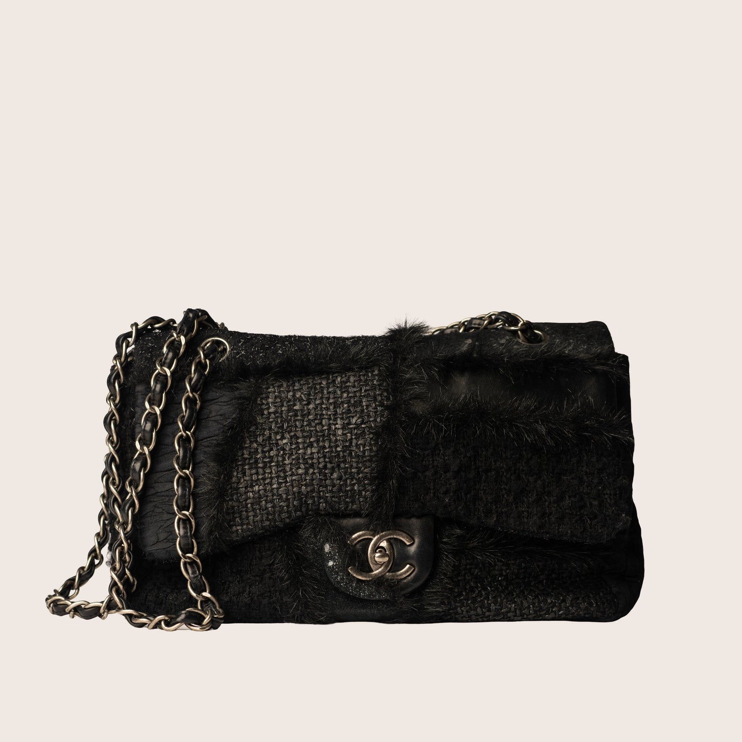 Chanel 2011 Tweed Fabric, Leather, and Fantasy Fur Patchwork Jumbo Single Flap Bag