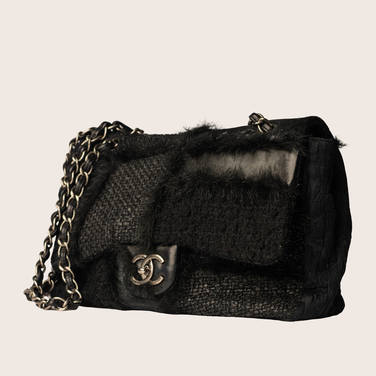 Chanel 2011 Tweed Fabric, Leather, and Fantasy Fur Patchwork Jumbo Single Flap Bag