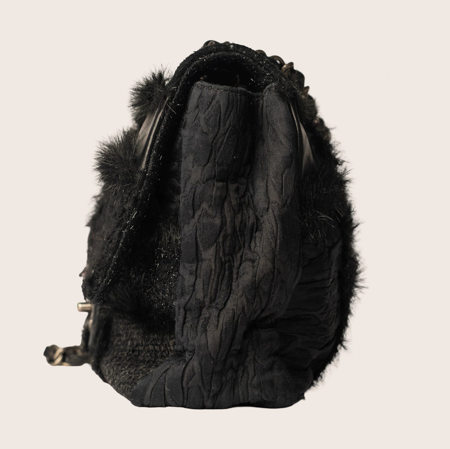 Chanel 2011 Tweed Fabric, Leather, and Fantasy Fur Patchwork Jumbo Single Flap Bag