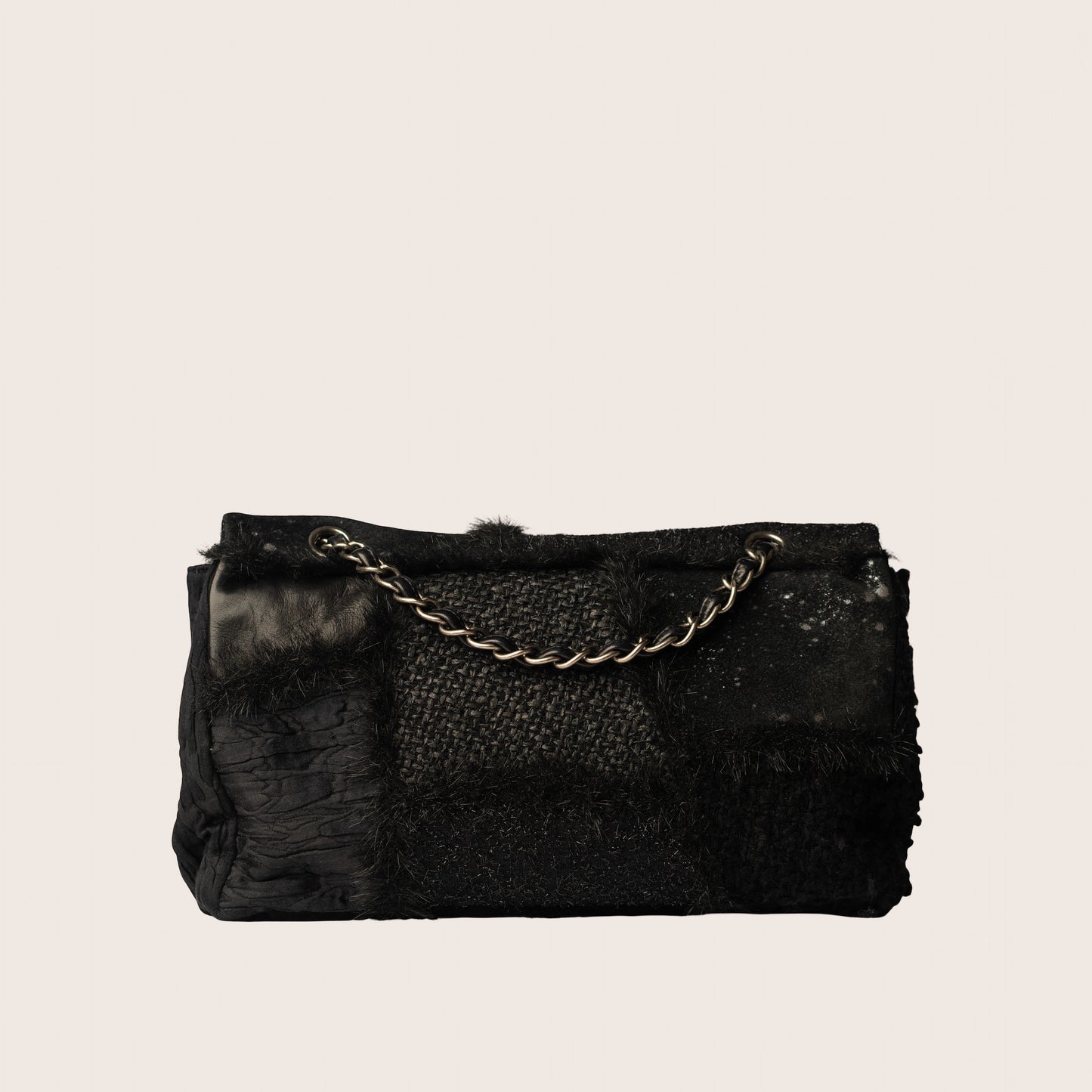 Chanel 2011 Tweed Fabric, Leather, and Fantasy Fur Patchwork Jumbo Single Flap Bag