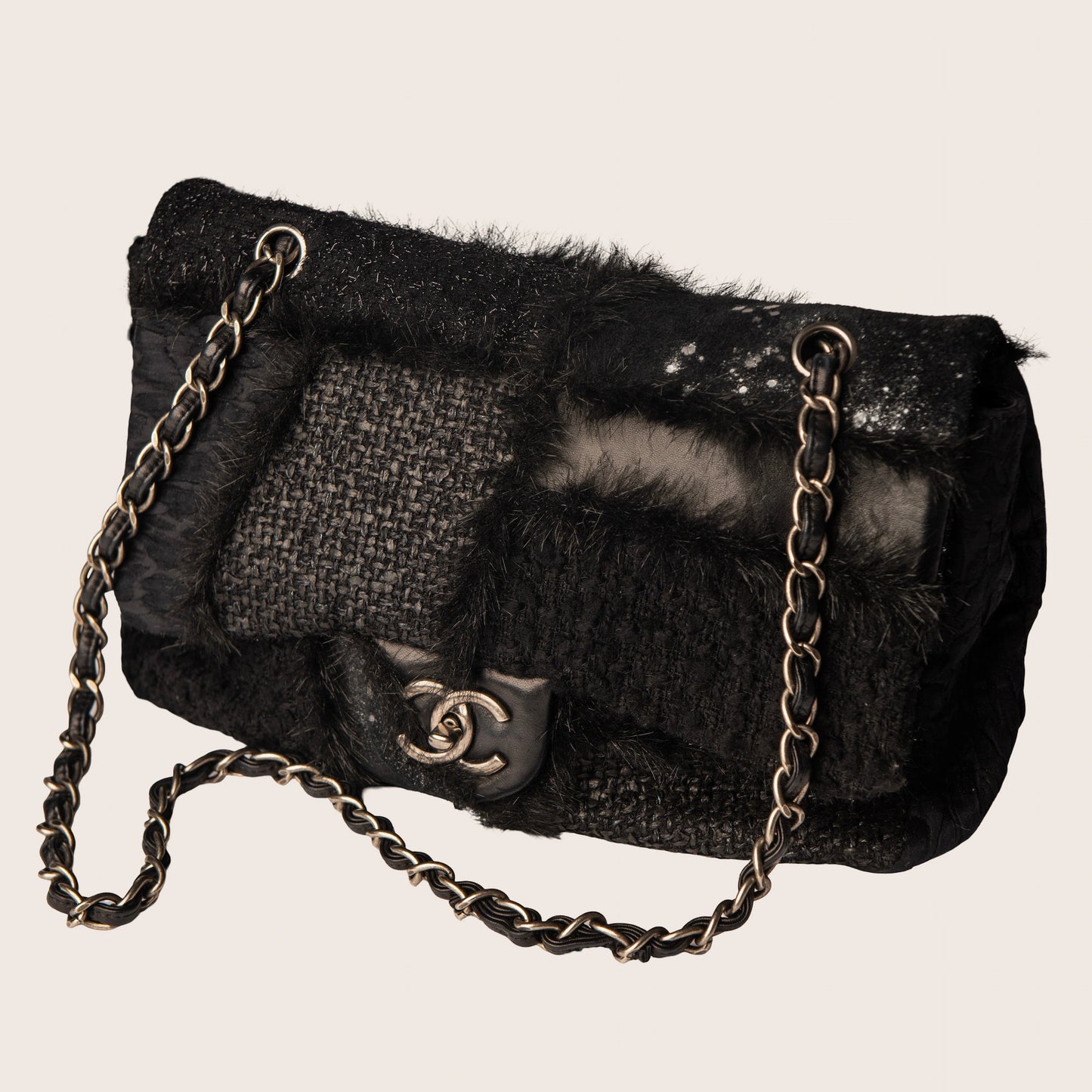 Chanel 2011 Tweed Fabric, Leather, and Fantasy Fur Patchwork Jumbo Single Flap Bag