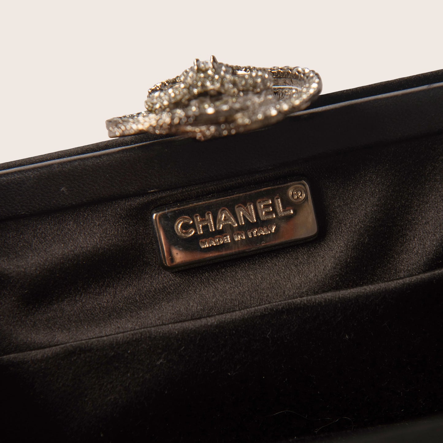 Chanel Satin Crystal Camellia Evening Frame Clutch Black